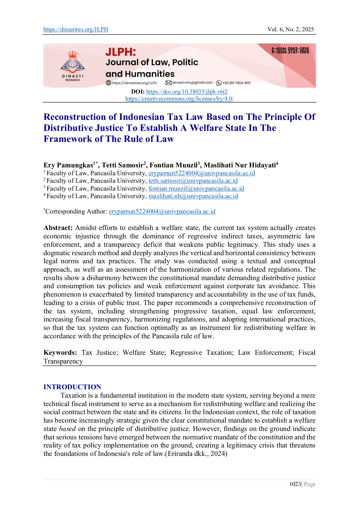 JURIS Reconstruction of Indonesian Tax Law Based on The Principle Of Distributive Justice To Establish A Welfare State In The Framework of The Rule of Law