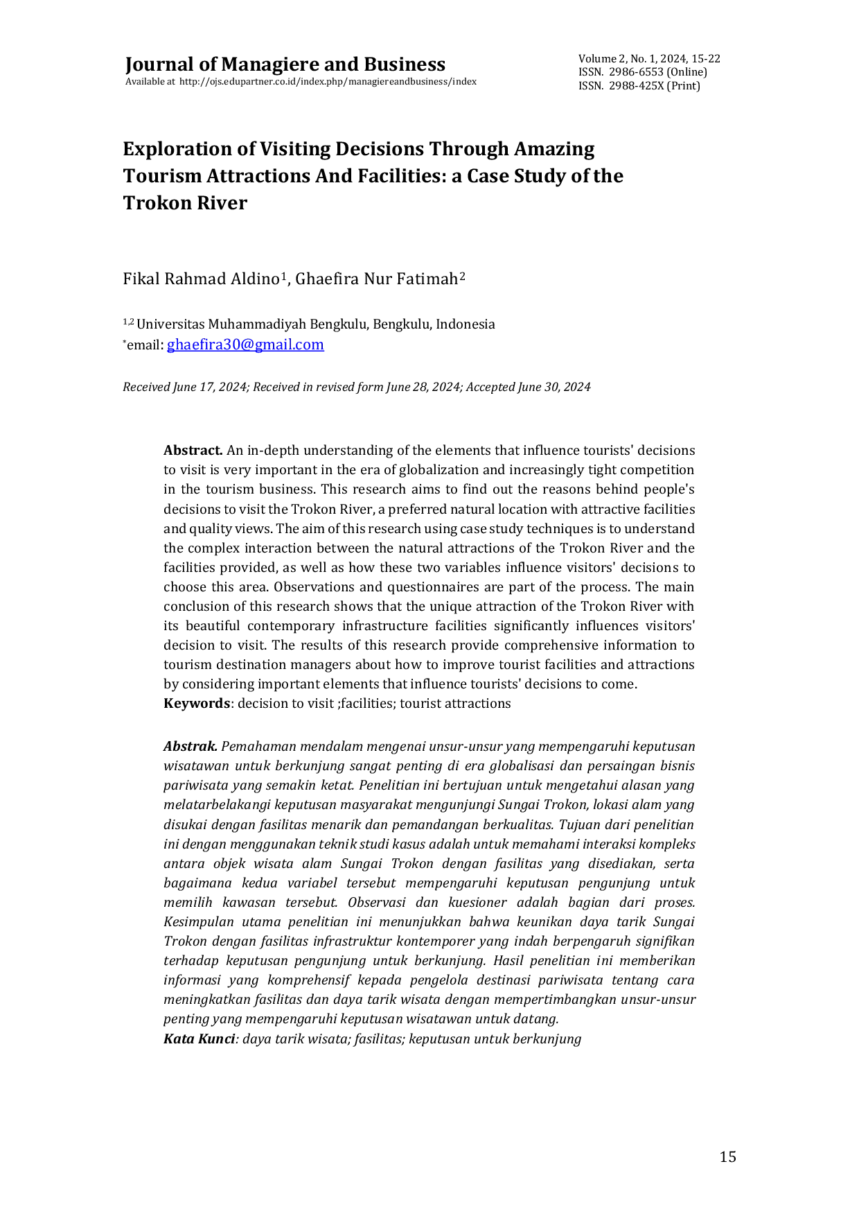 JURIS Exploration of Visiting Decisions Through Amazing Tourism Attractions And Facilities a Case Study of the Trokon River