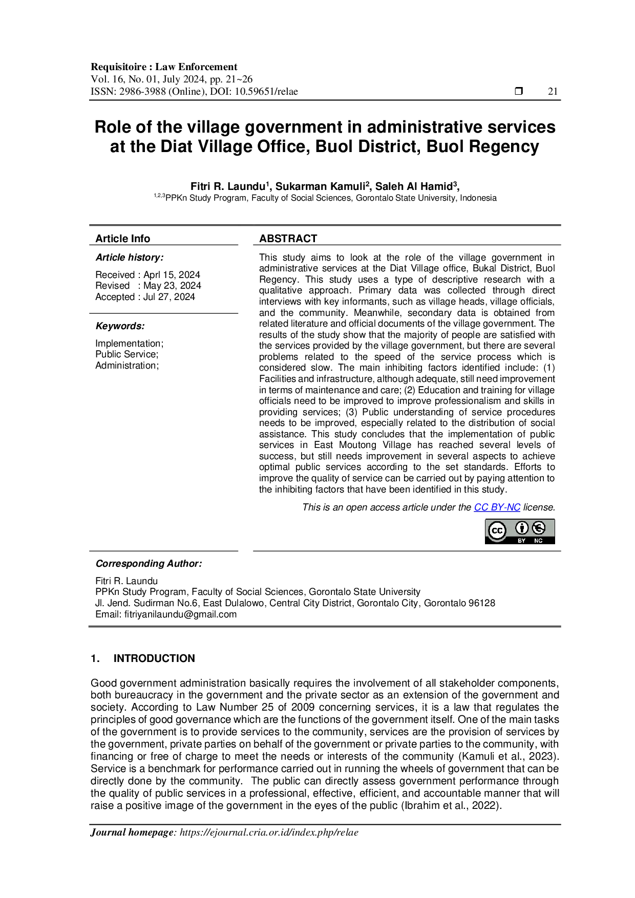 JURIS Role of the village government in administrative services at the Diat Village Office Buol District Buol Regency