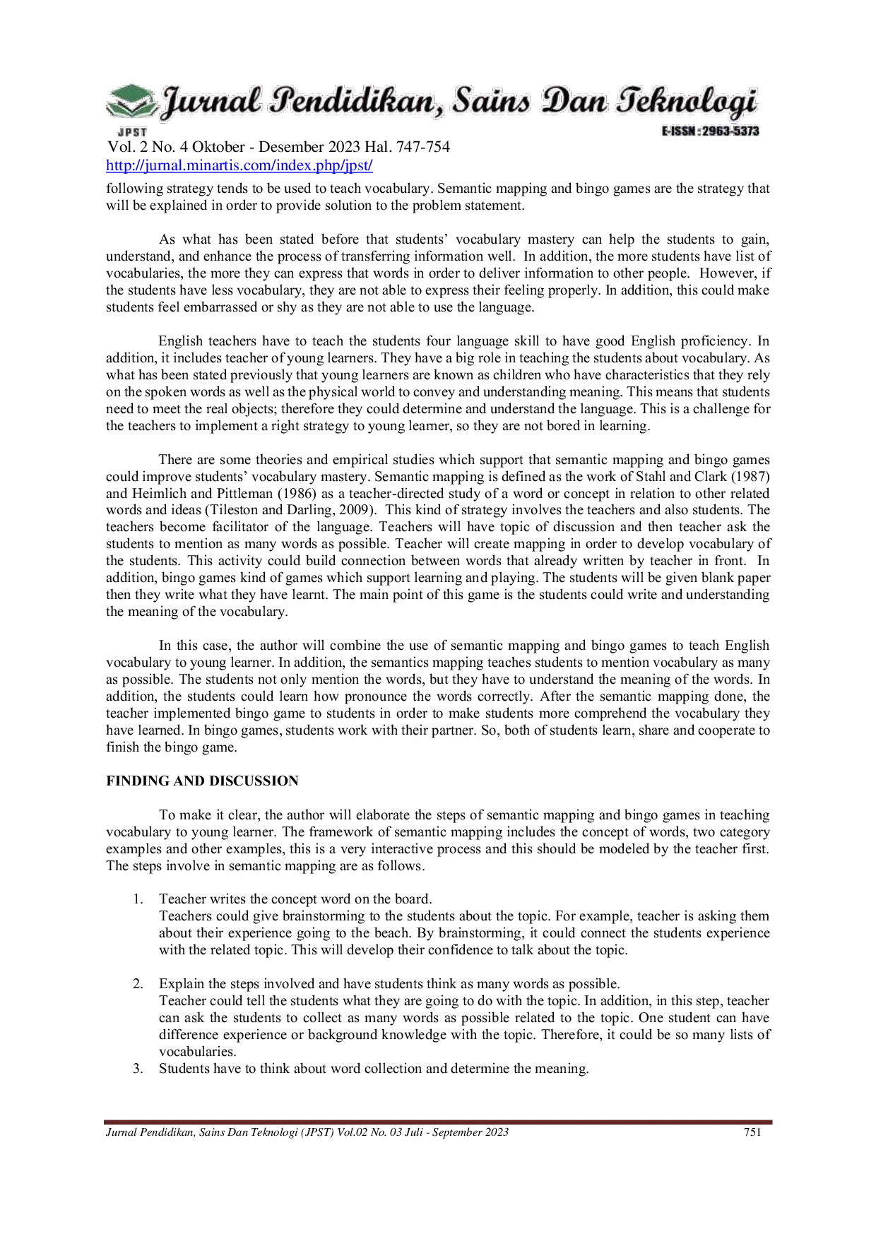 JURIS Teaching Vocabulary To Young Learners Combination Of Semantic Mapping And Bingo Game