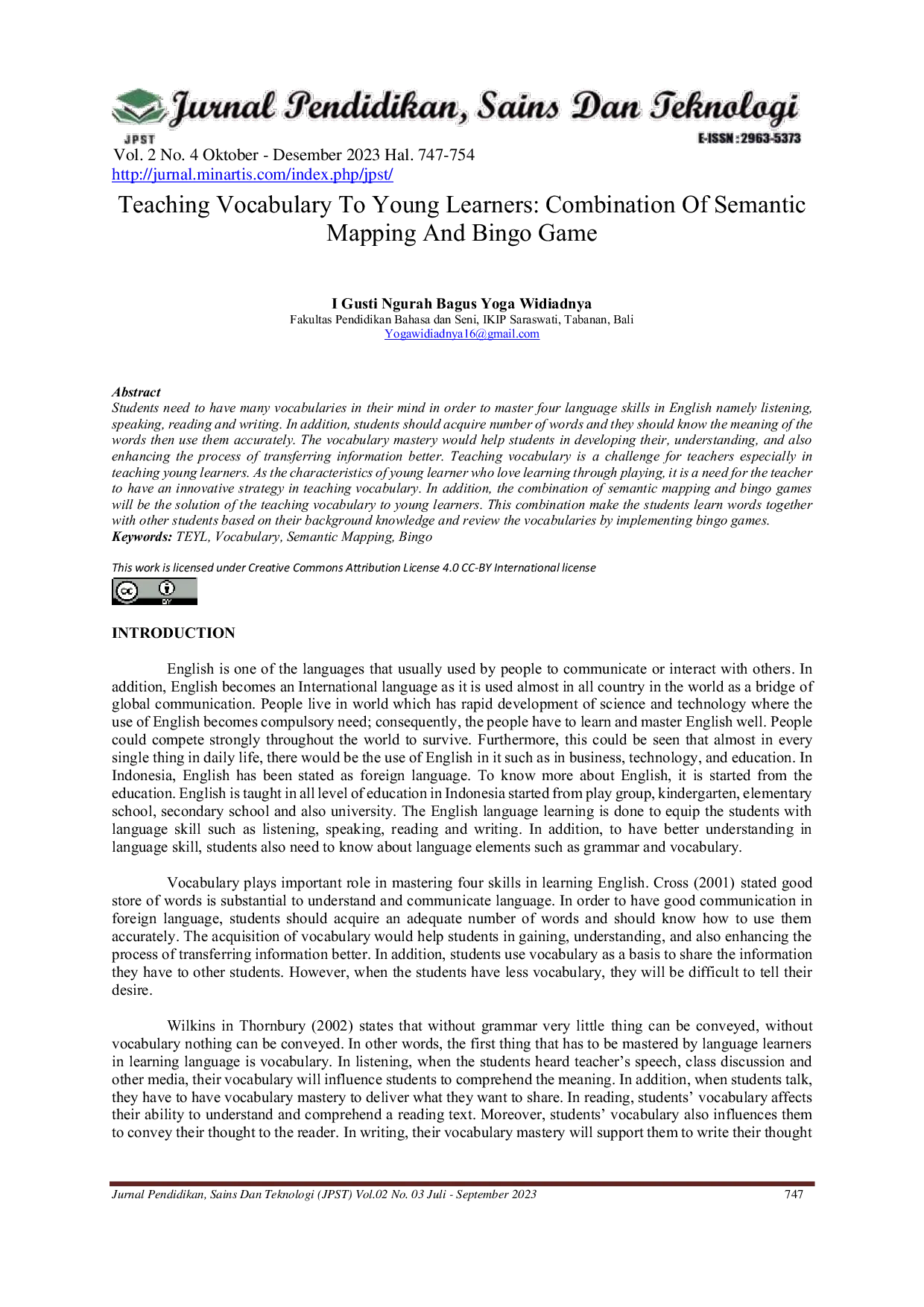 JURIS Teaching Vocabulary To Young Learners Combination Of Semantic Mapping And Bingo Game