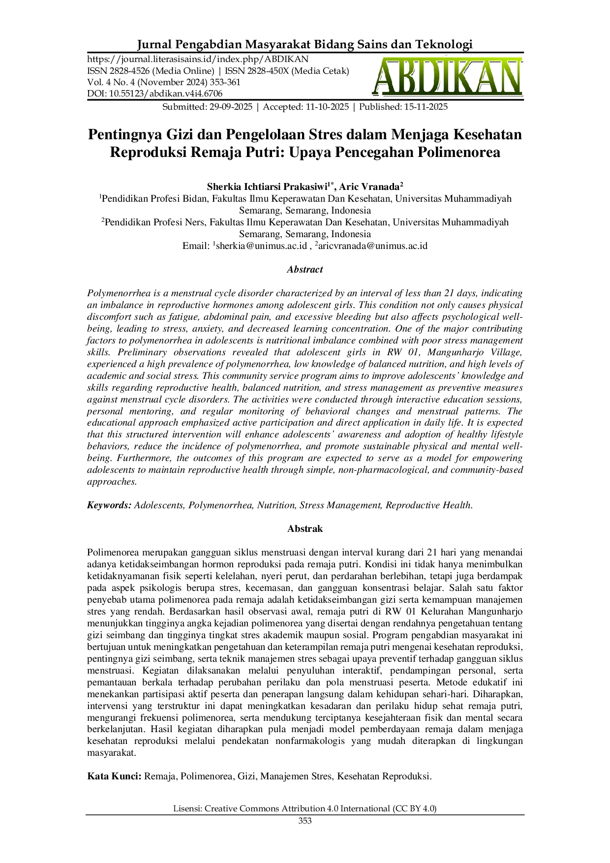 JURIS Pentingnya Gizi dan Pengelolaan Stres dalam Menjaga Kesehatan Reproduksi Remaja Putri Upaya Pencegahan Polimenorea