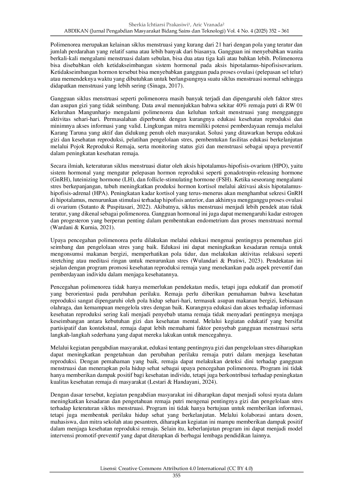 JURIS Pentingnya Gizi dan Pengelolaan Stres dalam Menjaga Kesehatan Reproduksi Remaja Putri Upaya Pencegahan Polimenorea