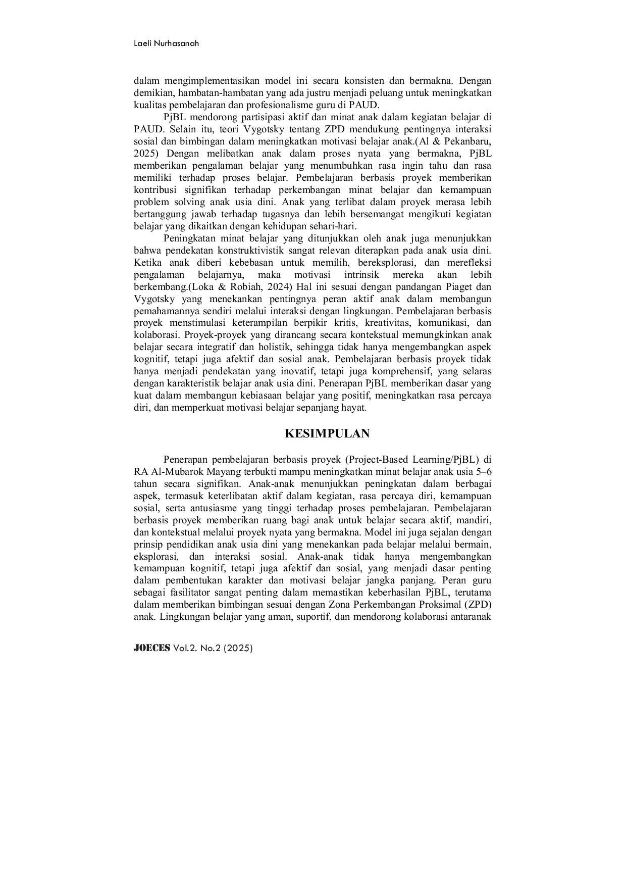 JURIS Penerapan Pembelajaran Berbasis Proyek Terhadap Minat Belajar Anak Usia 5 6 Tahun Di RA Aal Mubarok Mayang Kab Jember Tahun 2024 2025