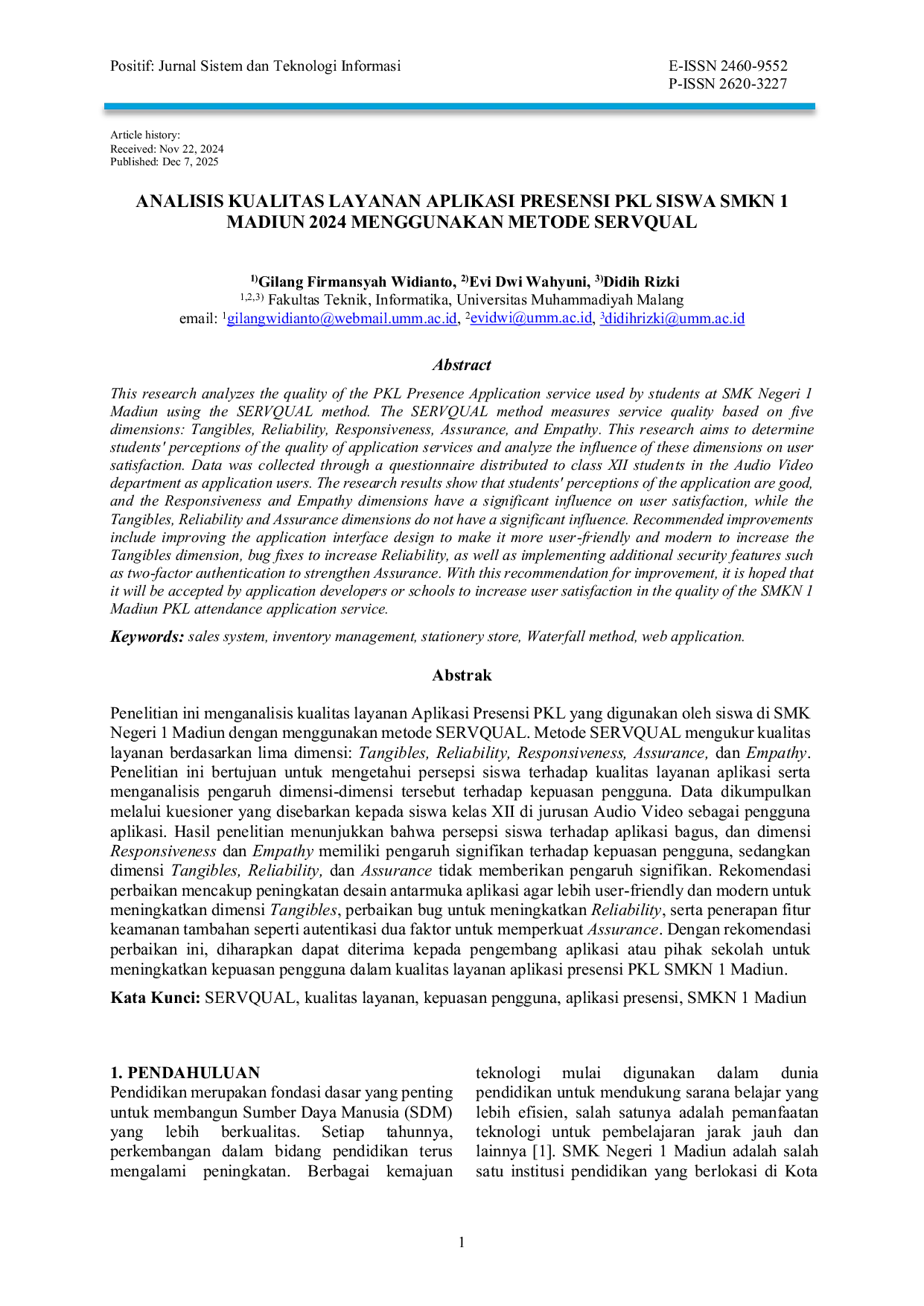 JURIS Analisis Kualitas Layanan Aplikasi Presensi PKL Siswa SMKN 1 Madiun 2024 Menggunakan Metode SERVQUAL