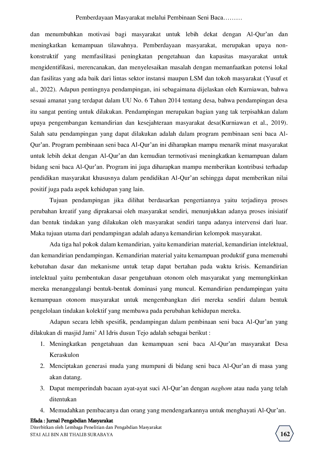 JURIS Pemberdayaan Masyarakat melalui Pembinaan Seni Baca Al Qur an di Desa Keraskulon Kecamatan Gerih Kabupaten Ngawi