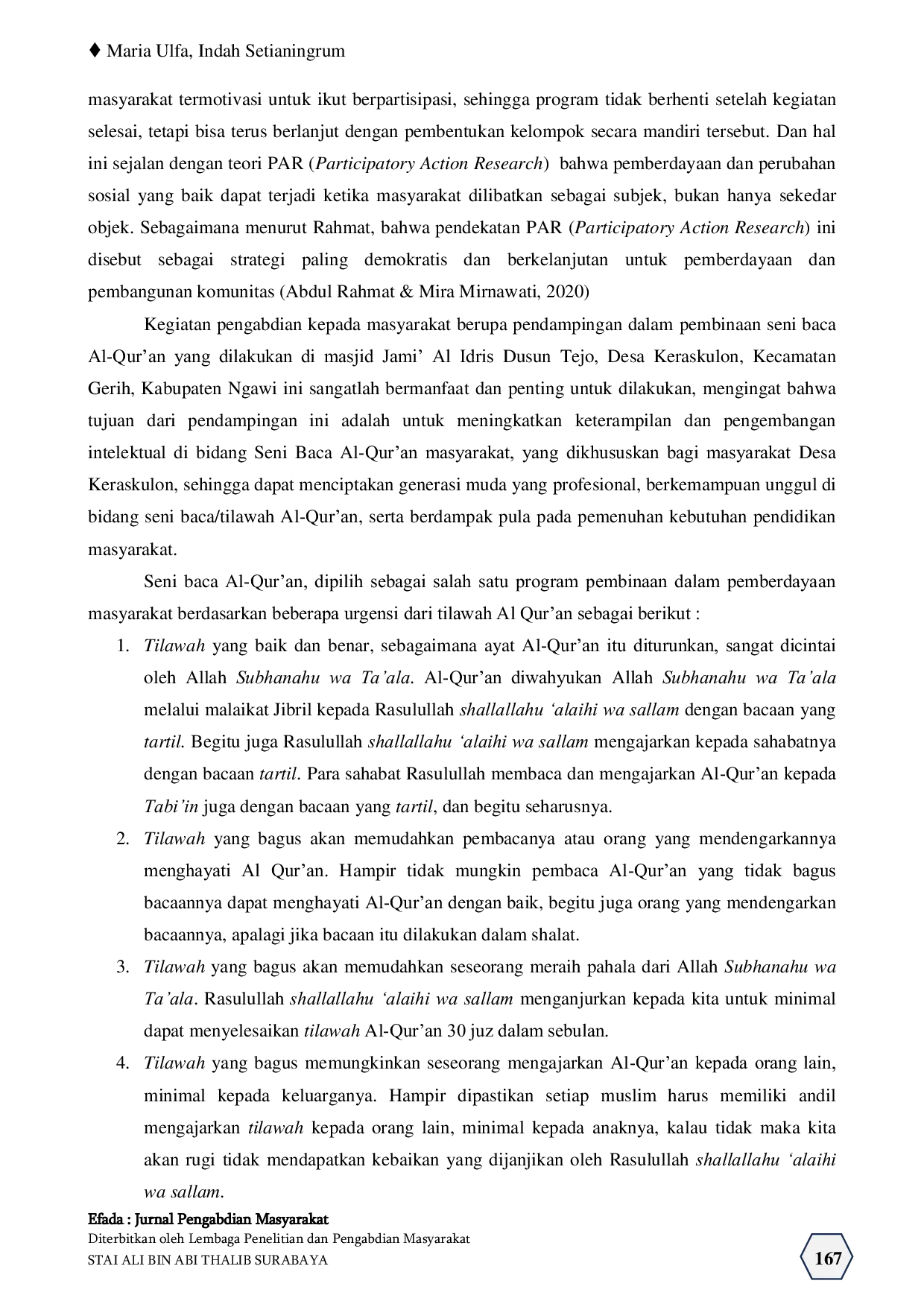 JURIS Pemberdayaan Masyarakat melalui Pembinaan Seni Baca Al Qur an di Desa Keraskulon Kecamatan Gerih Kabupaten Ngawi