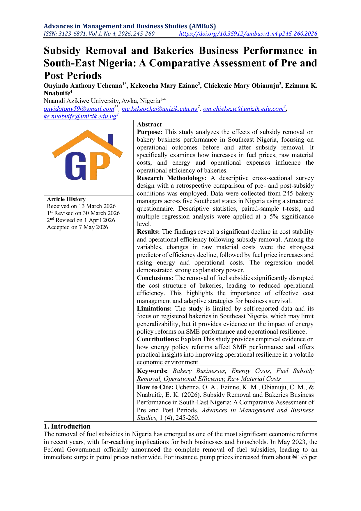 JURIS Subsidy Removal and Bakeries Business Performance in South East Nigeria A Comparative Assessment of Pre and Post Periods