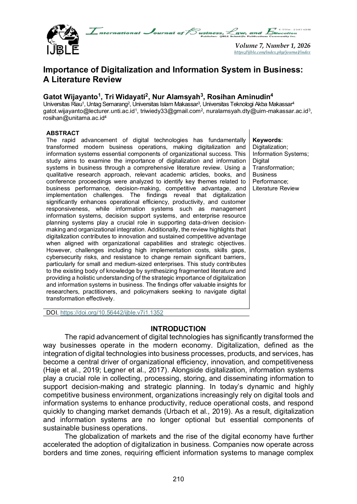 JURIS Importance of Digitalization and Information System in Business A Literature Review