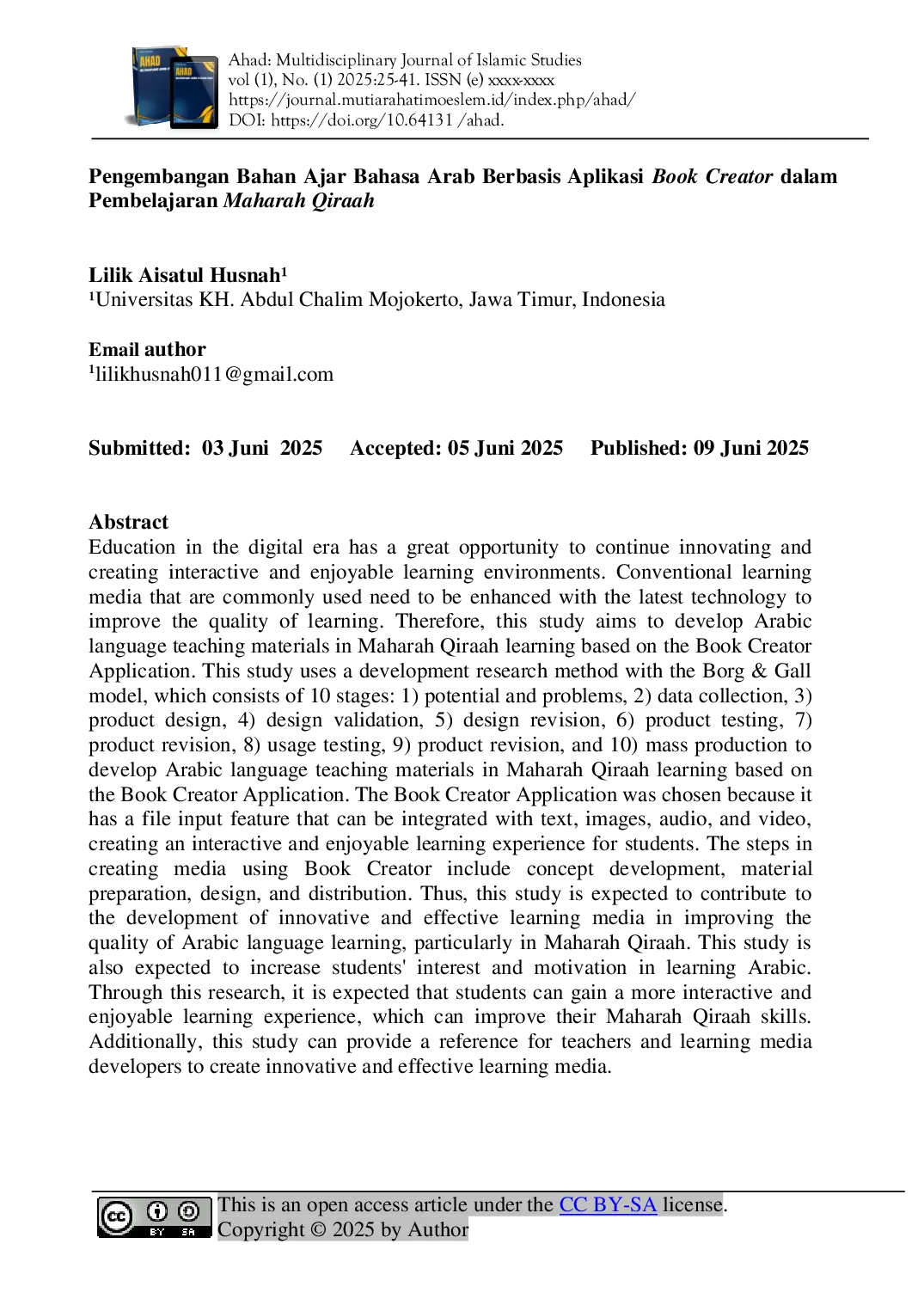 JURIS Pengembangan Bahan Ajar Bahasa Arab Berbasis Aplikasi Book Creator dalam Pembelajaran Maharah Qira ah