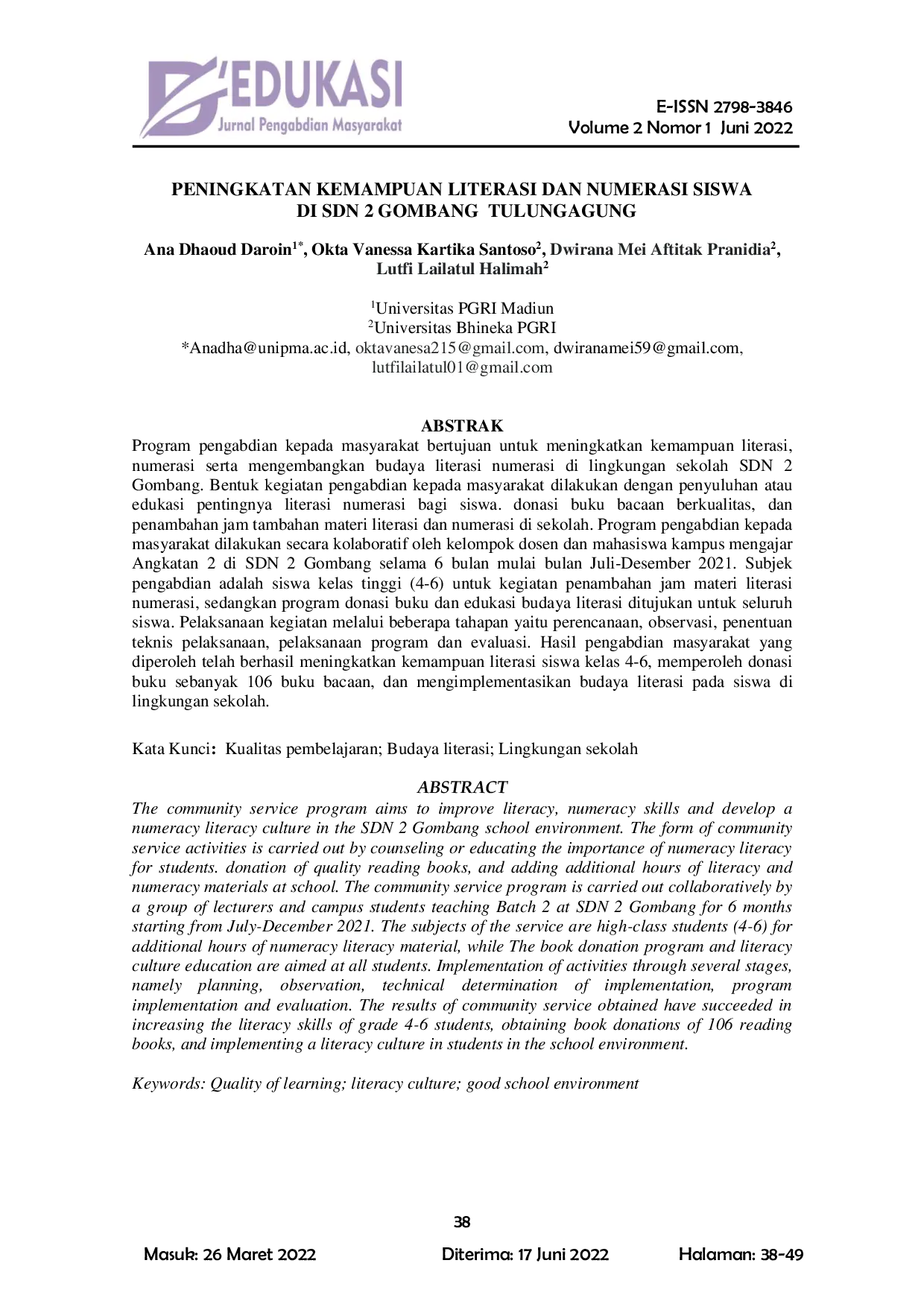 JURIS Peningkatan Kemampuan Literasi dan Numerasi Siswa di SDN 2 Gombang Tulungagung