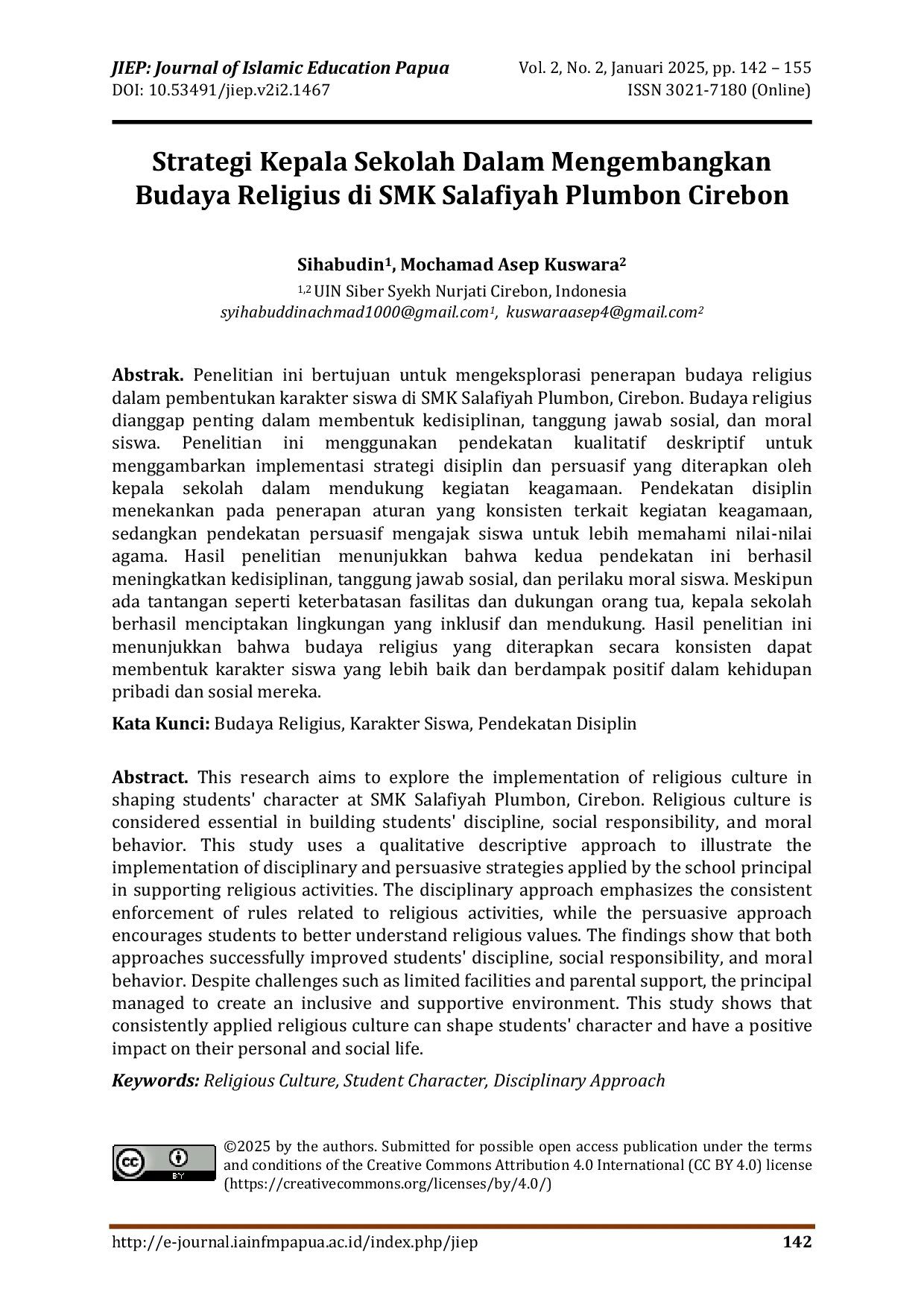 JURIS Strategi Kepala Sekolah Dalam Mengembangkan Budaya Religius di SMK Salafiyah Plumbon Cirebon