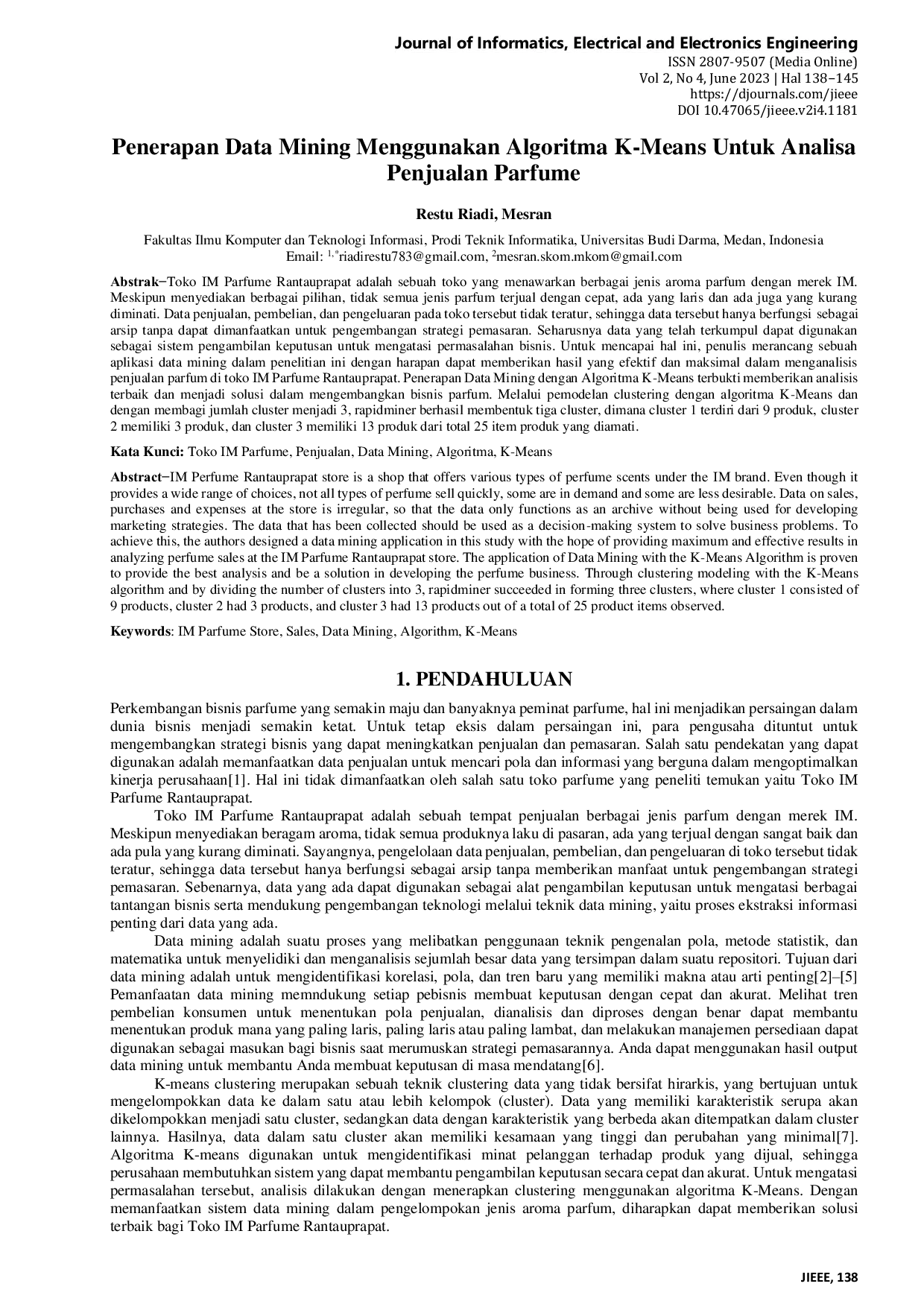 JURIS Penerapan Data Mining Menggunakan Algoritma K Means Untuk Analisa Penjualan Parfume