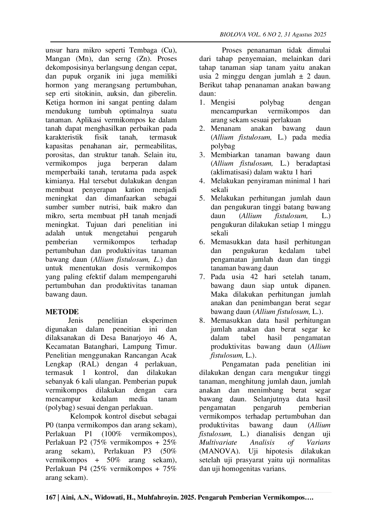 JURIS ARTIKEL PENGARUH PEMBERIAN VERMIKOMPOS TERHADAP PERTUMBUHAN DAN PRODUKTIVITAS BAWANG DAUN Allium fistulosum L