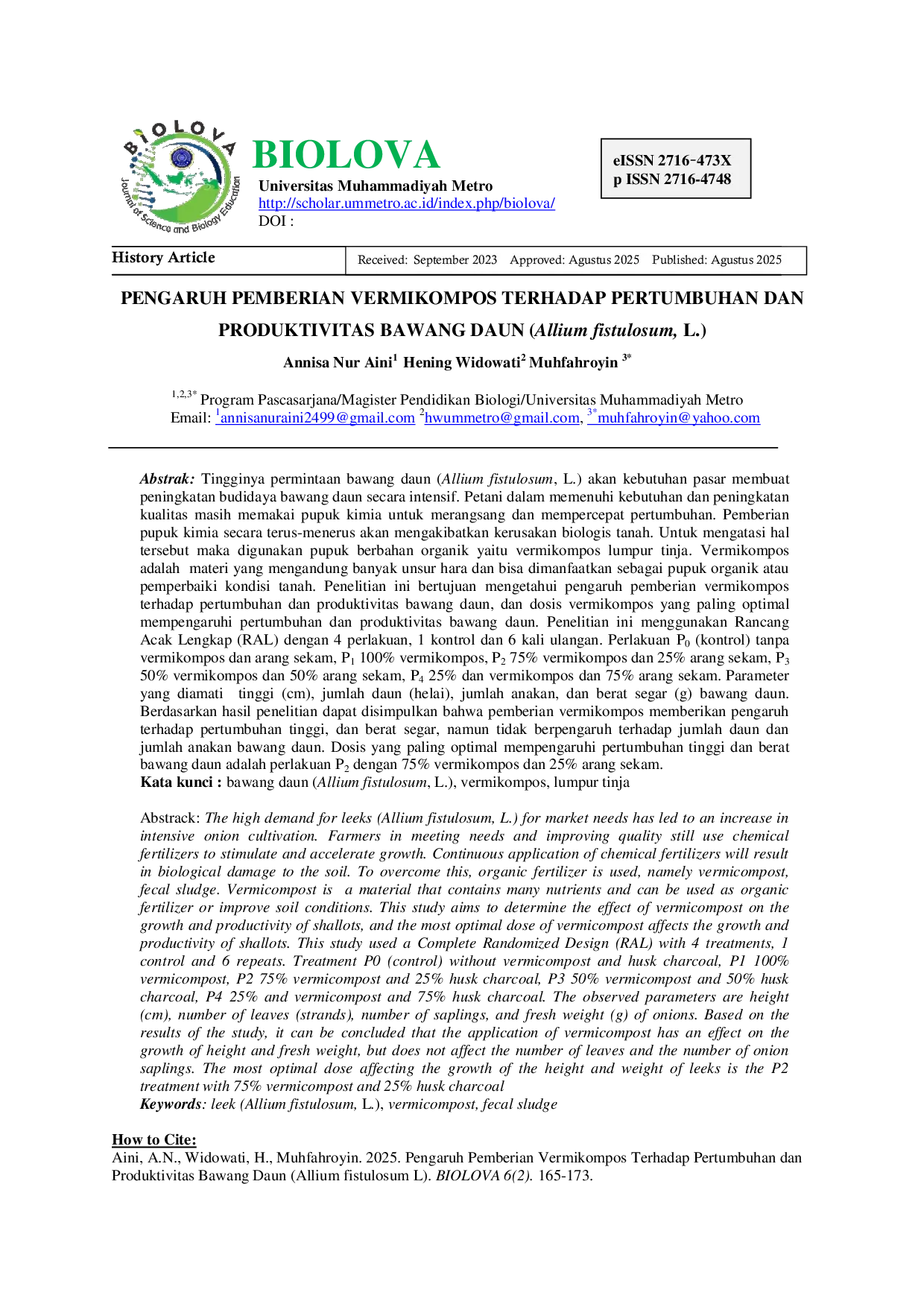 JURIS ARTIKEL PENGARUH PEMBERIAN VERMIKOMPOS TERHADAP PERTUMBUHAN DAN PRODUKTIVITAS BAWANG DAUN Allium fistulosum L