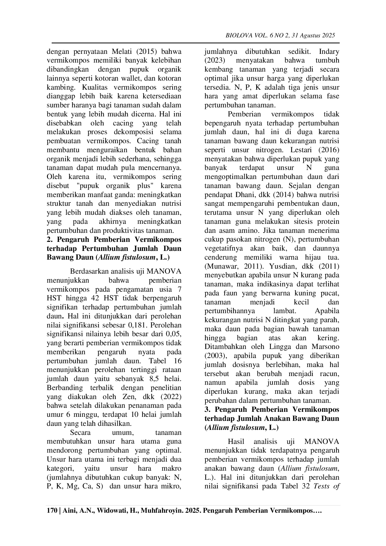 JURIS ARTIKEL PENGARUH PEMBERIAN VERMIKOMPOS TERHADAP PERTUMBUHAN DAN PRODUKTIVITAS BAWANG DAUN Allium fistulosum L