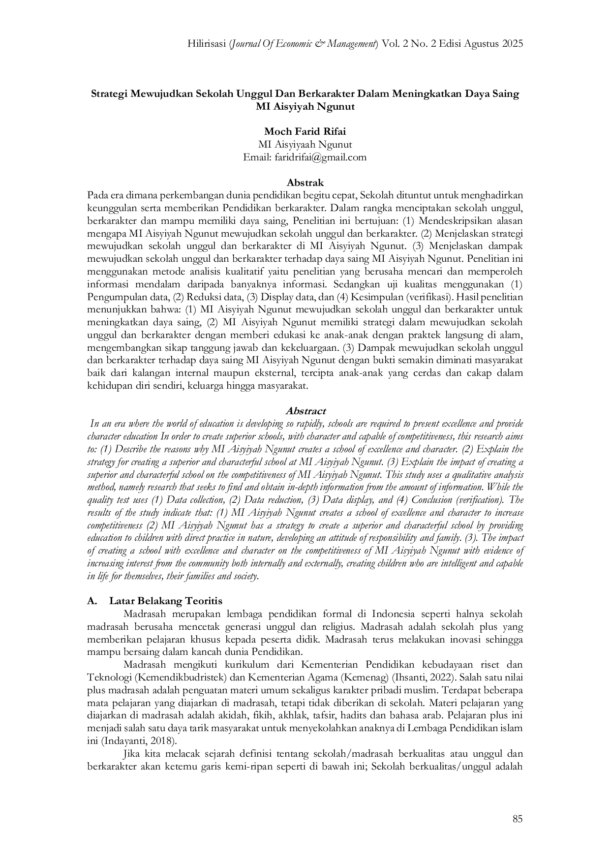 JURIS Strategi Mewujudkan Sekolah Unggul Dan Berkarakter Dalam Meningkatkan Daya Saing MI Aisyiyah Ngunut