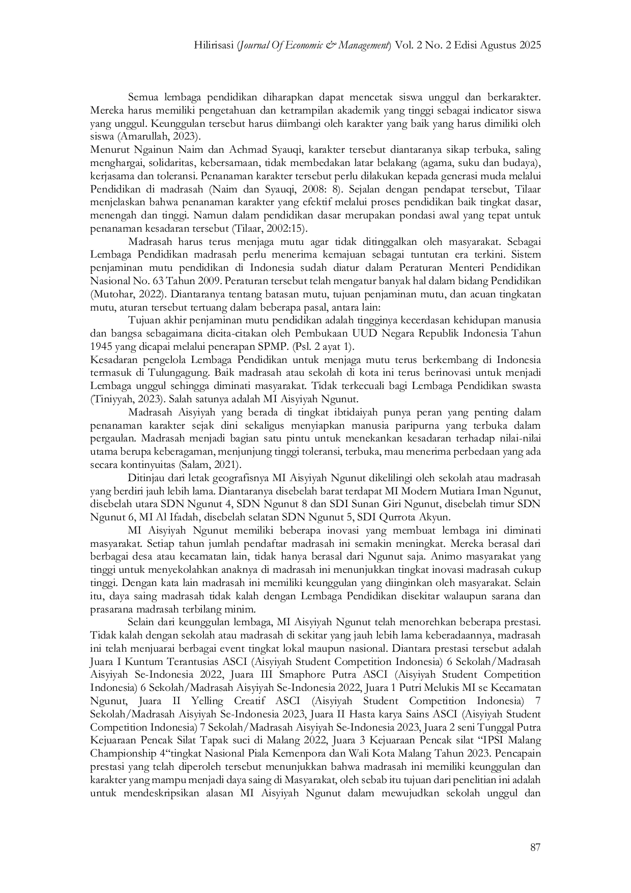 JURIS Strategi Mewujudkan Sekolah Unggul Dan Berkarakter Dalam Meningkatkan Daya Saing MI Aisyiyah Ngunut