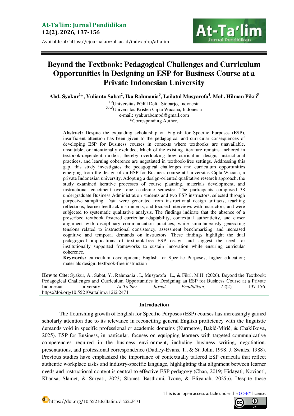 JURIS Beyond the Textbook Pedagogical Challenges And Curriculum Opportunities In Designing An ESP For Business Course At A Private Indonesian University