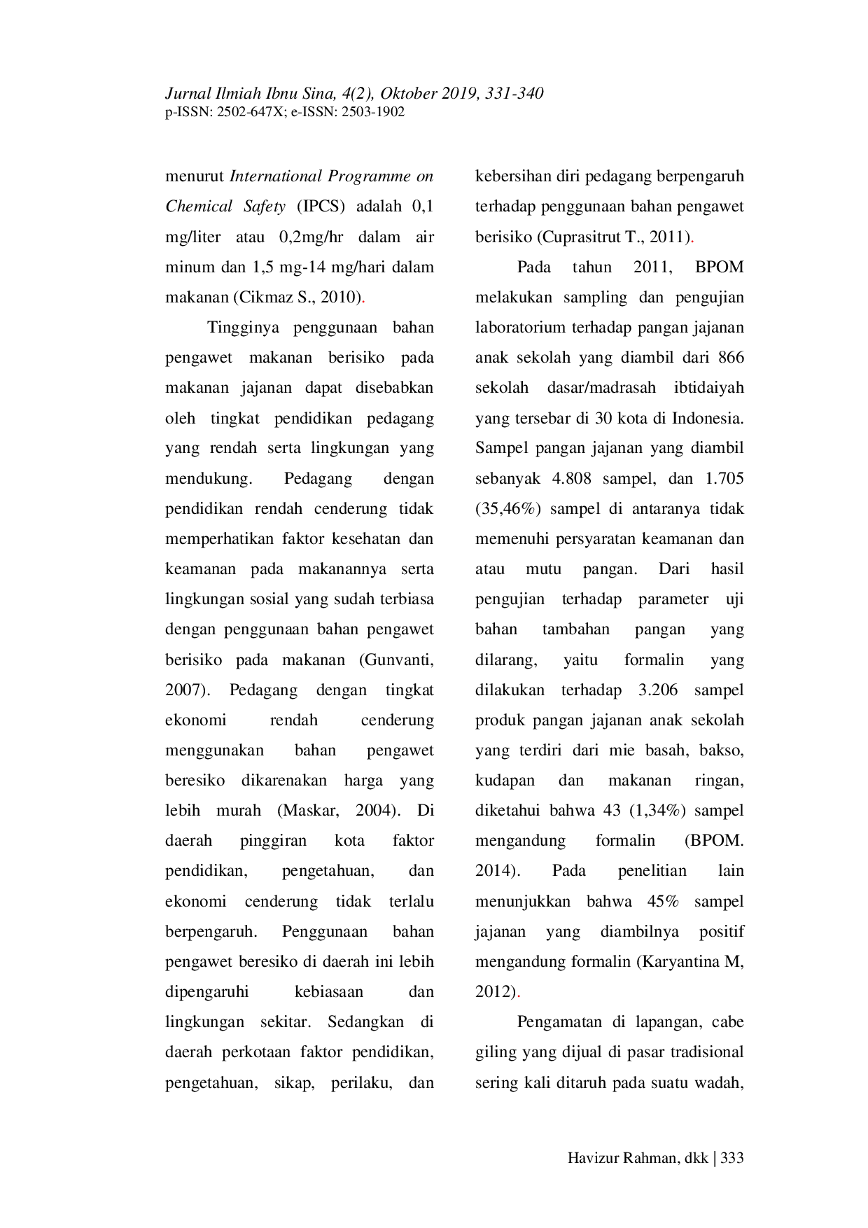 JURIS Analisis Kandungan Formalin Pada Cabe Merah Giling Yang Dijual Di Pasar Tradisional Kota Jambi