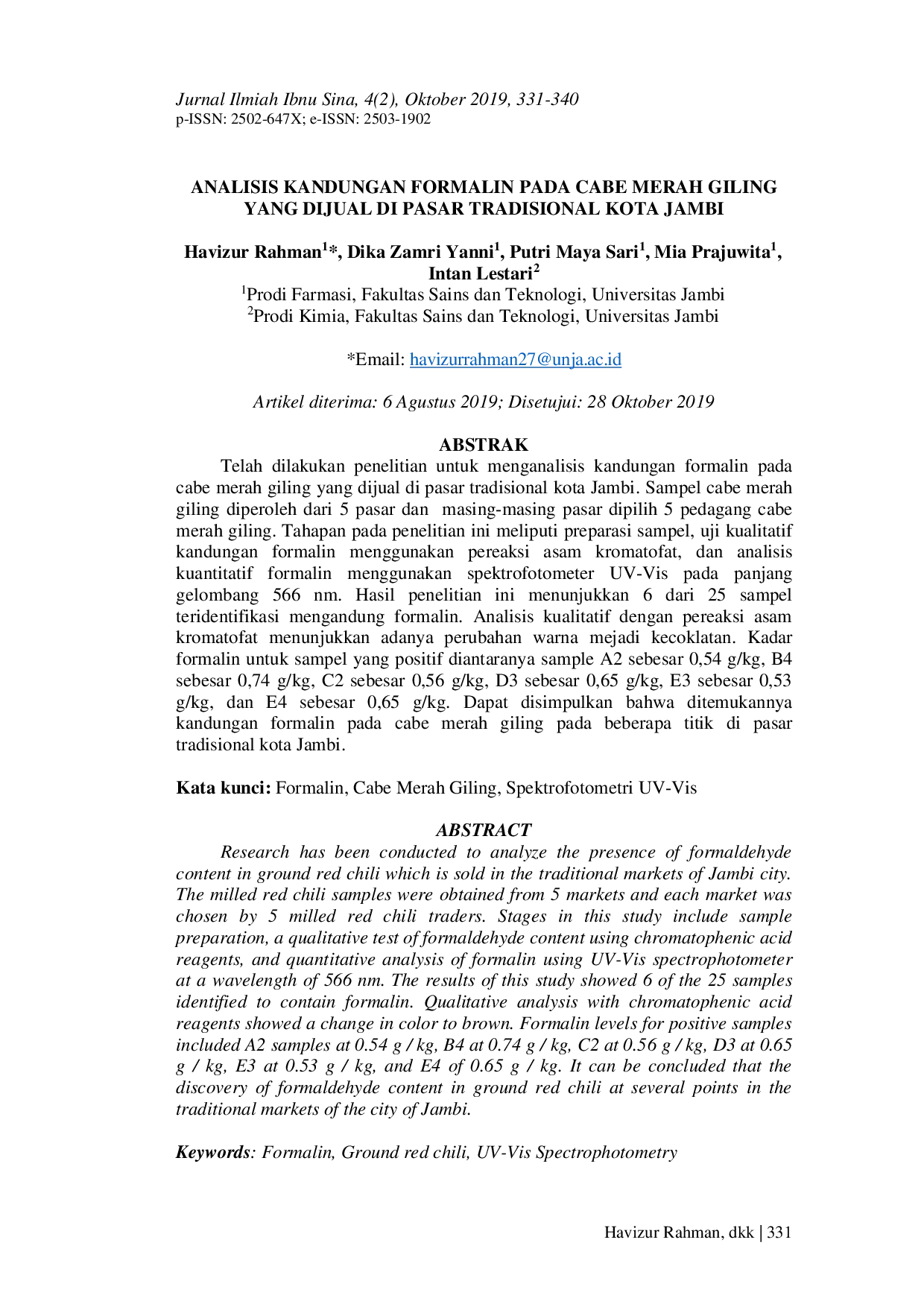 JURIS Analisis Kandungan Formalin Pada Cabe Merah Giling Yang Dijual Di Pasar Tradisional Kota Jambi