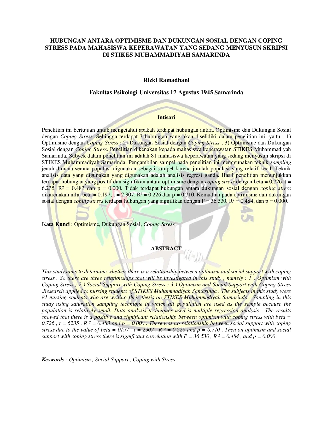 JURIS Hubungan Antara Optimisme Dan Dukungan Sosial Dengan Coping Stress Pada Mahasiswa Keperawatan Yang Sedang Menyusun Skripsi Di Stikes Muhammadiyah Samarinda
