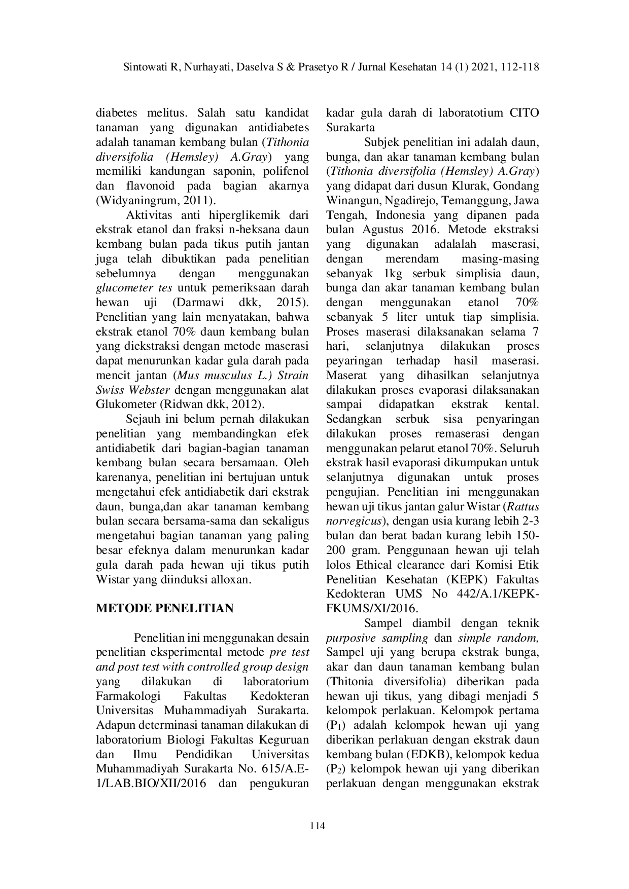 JURIS Efek Antidiabetik Ekstrak Daun Bunga dan Akar Kembang Bulan Tithonia Diversifolia pada Tikus Wistar Rattus Norvegicus yang diinduksi Aloksan