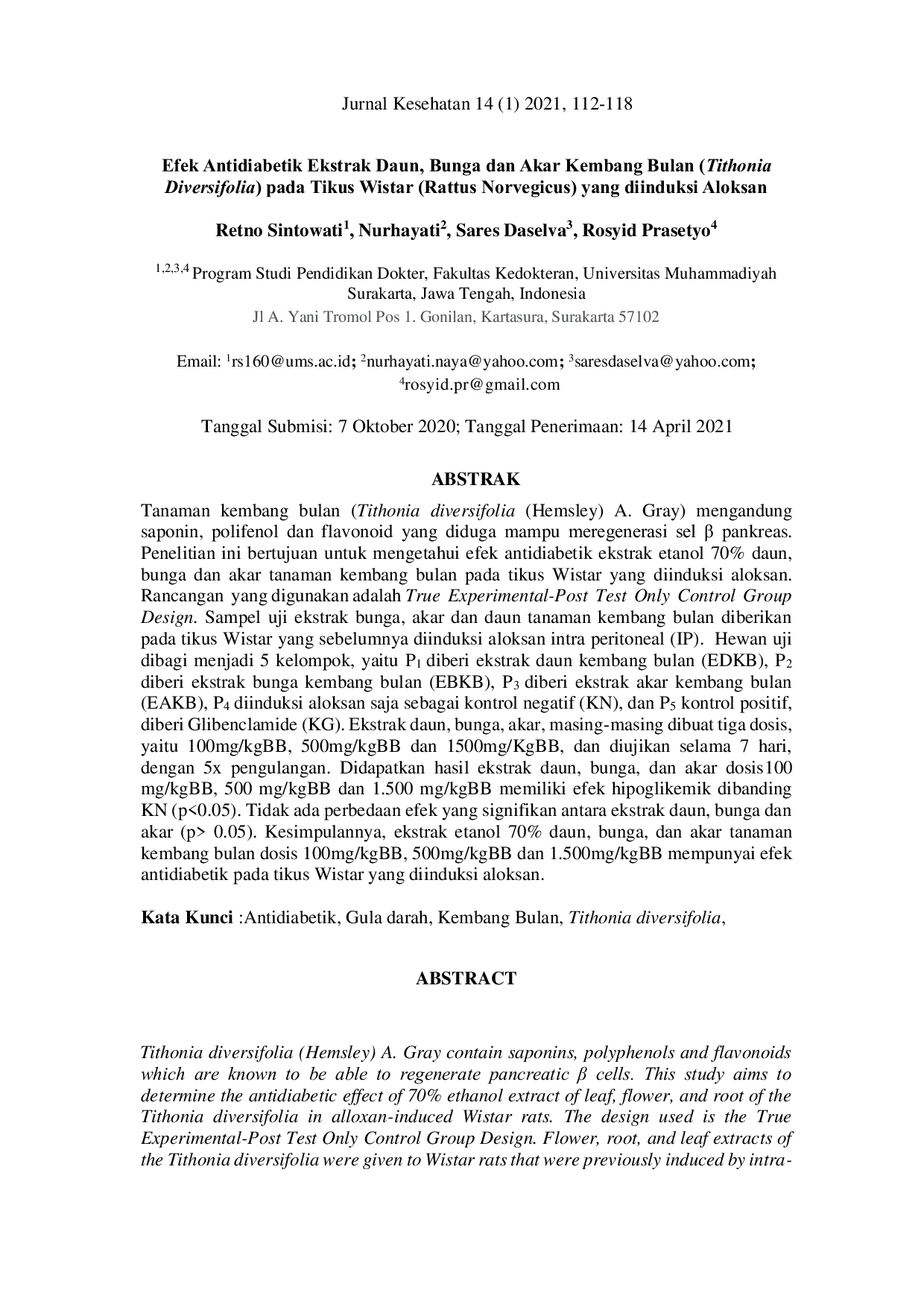 JURIS Efek Antidiabetik Ekstrak Daun Bunga dan Akar Kembang Bulan Tithonia Diversifolia pada Tikus Wistar Rattus Norvegicus yang diinduksi Aloksan