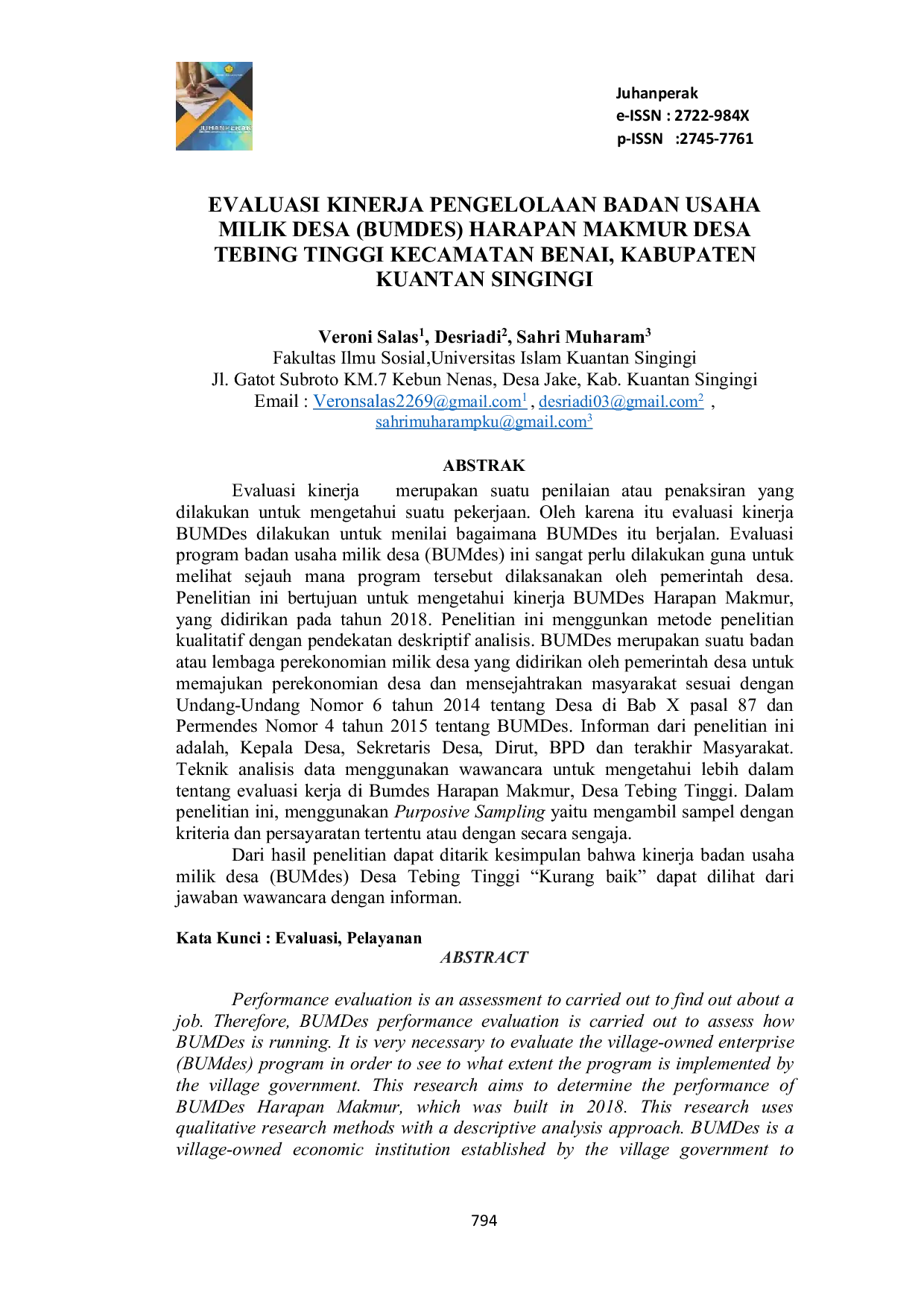 JURIS Evaluasi Kinerja Pengelolaan Badan Usaha Milik Desa BUMDes Harapan Makmur Desa Tebing Tinggi Kecamatan Benai Kabupaten Kuantan Singingi