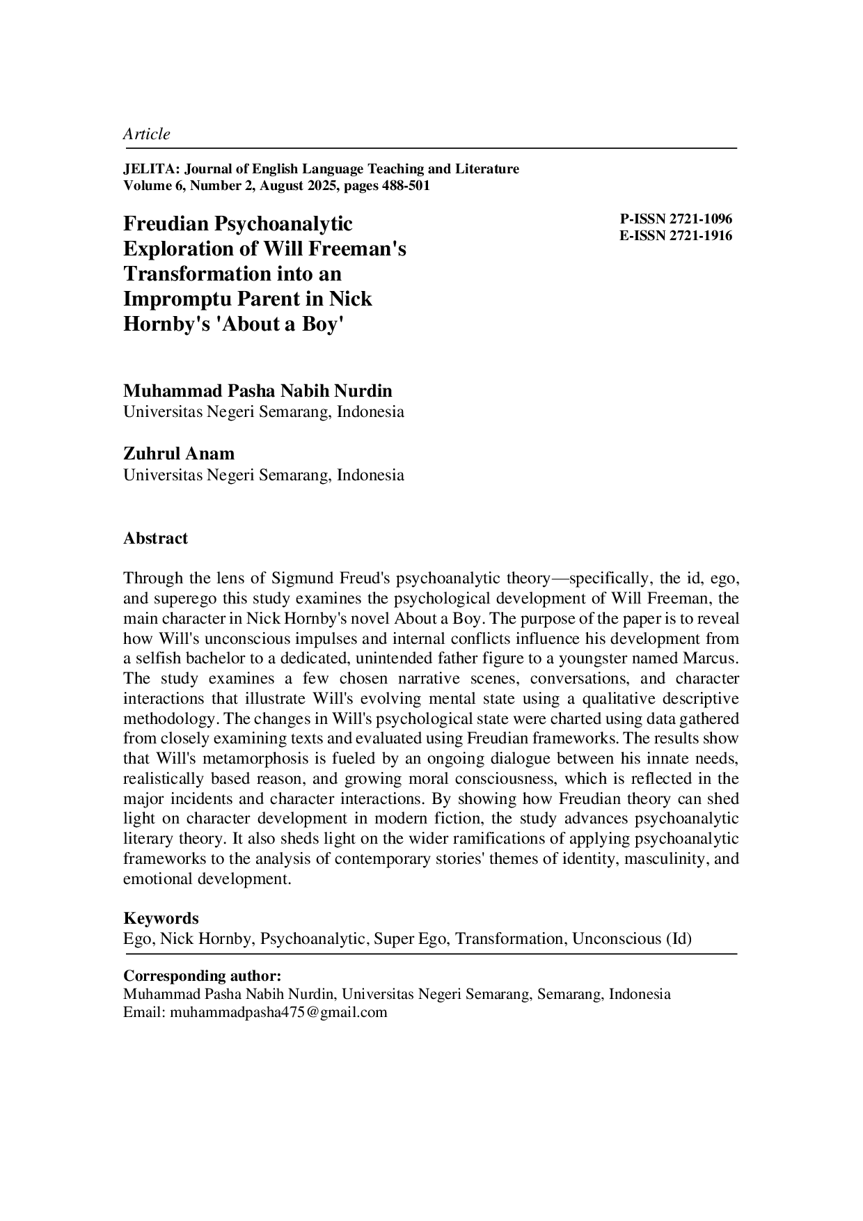 JURIS Freudian Psychoanalytic Exploration of Will Freeman s Transformation into an Impromptu Parent in Nick Hornby s About a Boy