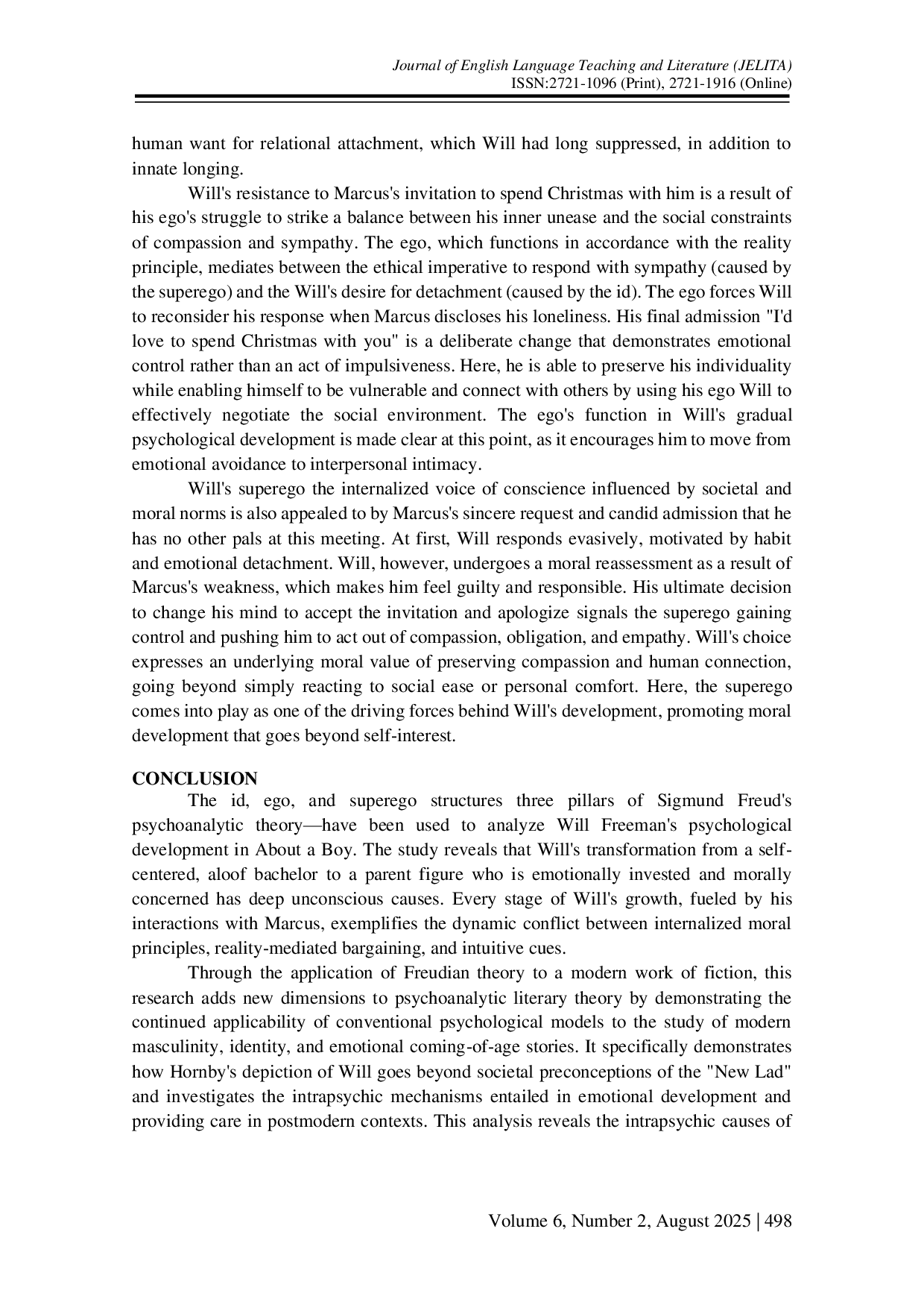 JURIS Freudian Psychoanalytic Exploration of Will Freeman s Transformation into an Impromptu Parent in Nick Hornby s About a Boy
