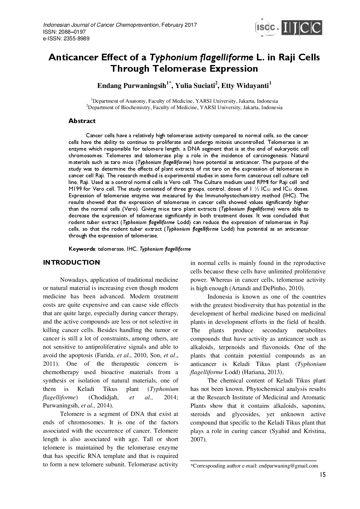 juris Anticancer Effect of a Typhonium flagelliforme L in Raji Cells Through Telomerase Expression