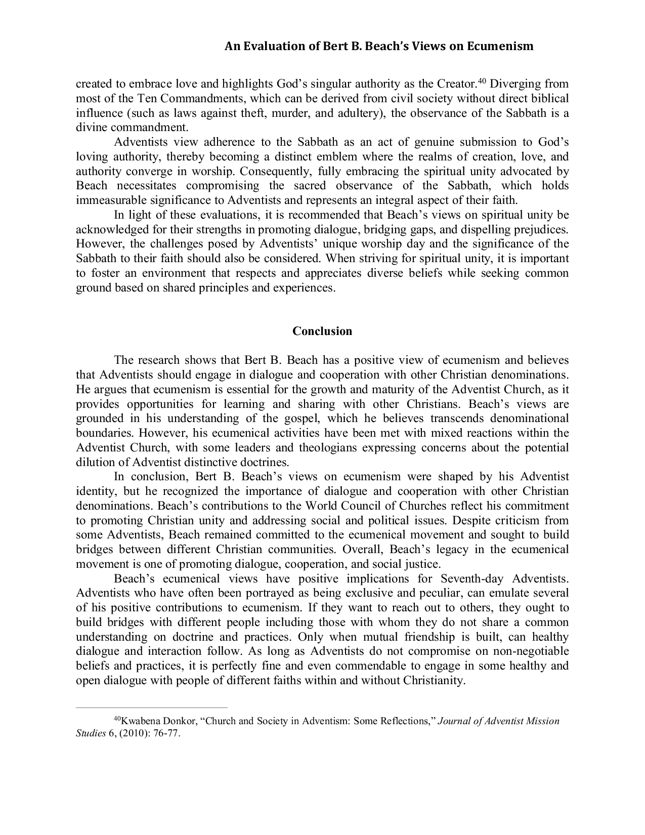 JURIS An Evaluation of Bert B Beach s Views on Ecumenism