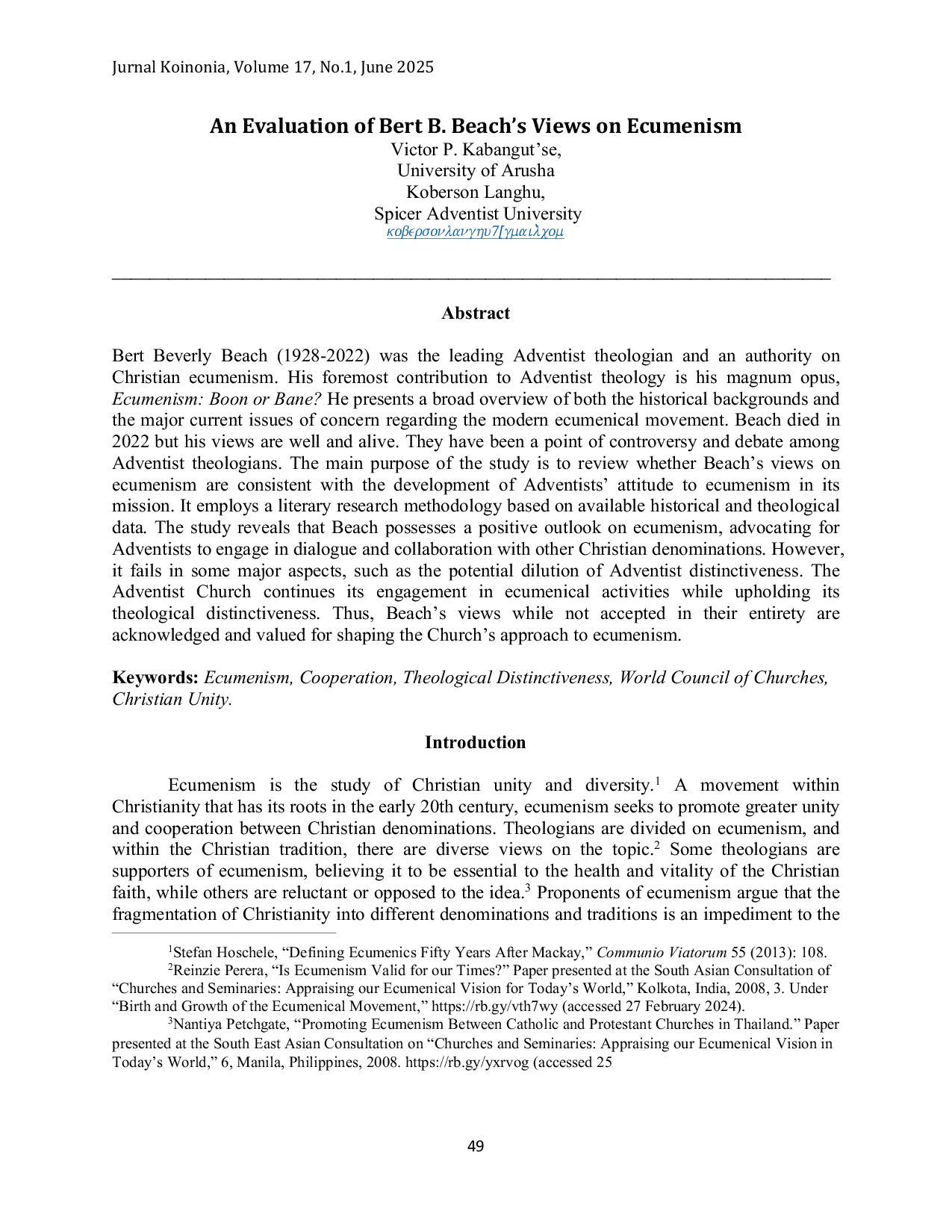 JURIS An Evaluation of Bert B Beach s Views on Ecumenism