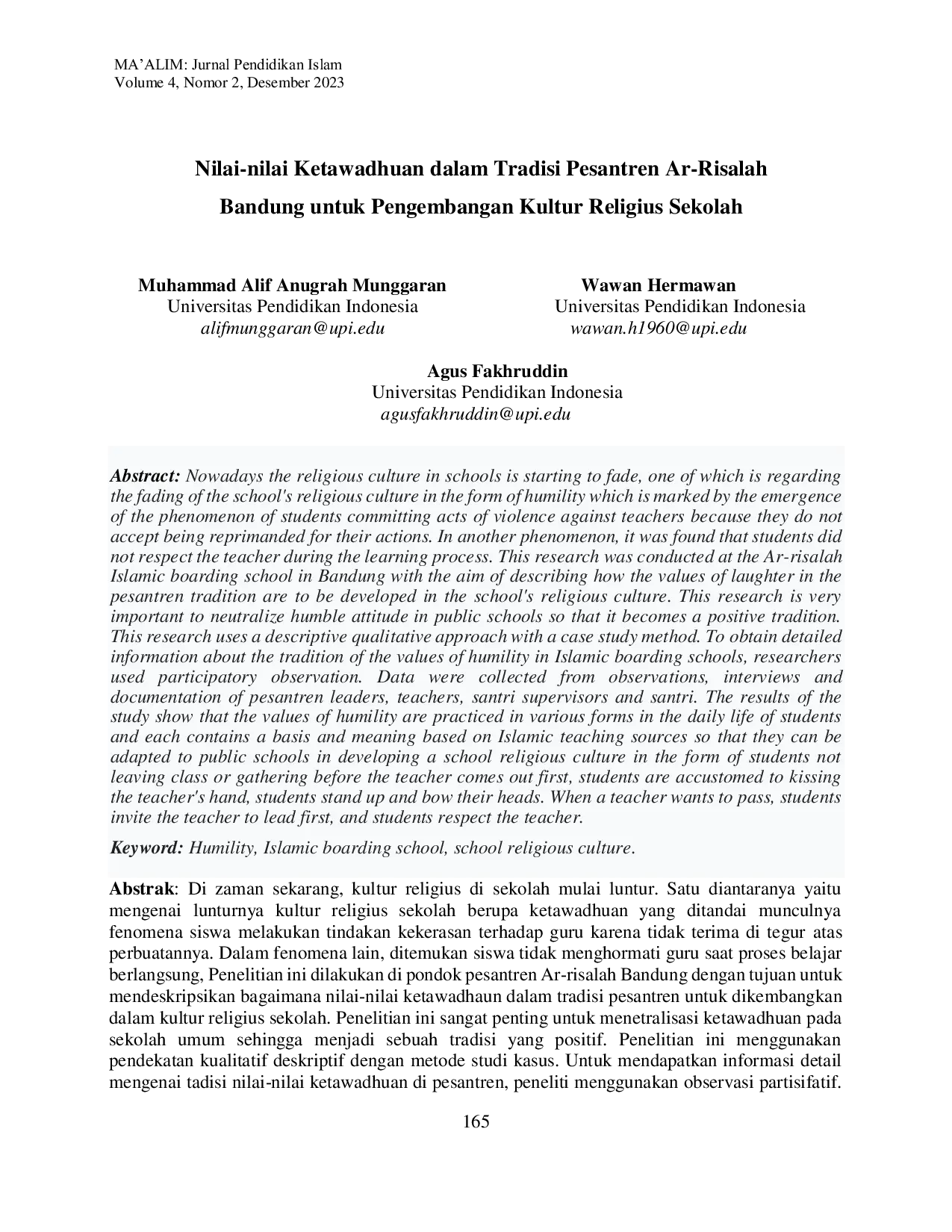 JURIS Nilai nilai Ketawadhuan dalam Tradisi Pesantren Ar Risalah Bandung untuk Pengembangan Kultur Religius Sekolah