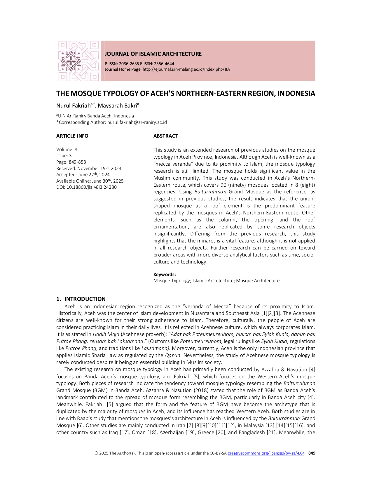 JURIS The Mosque Typology of Aceh s Northern Eastern Region Indonesia