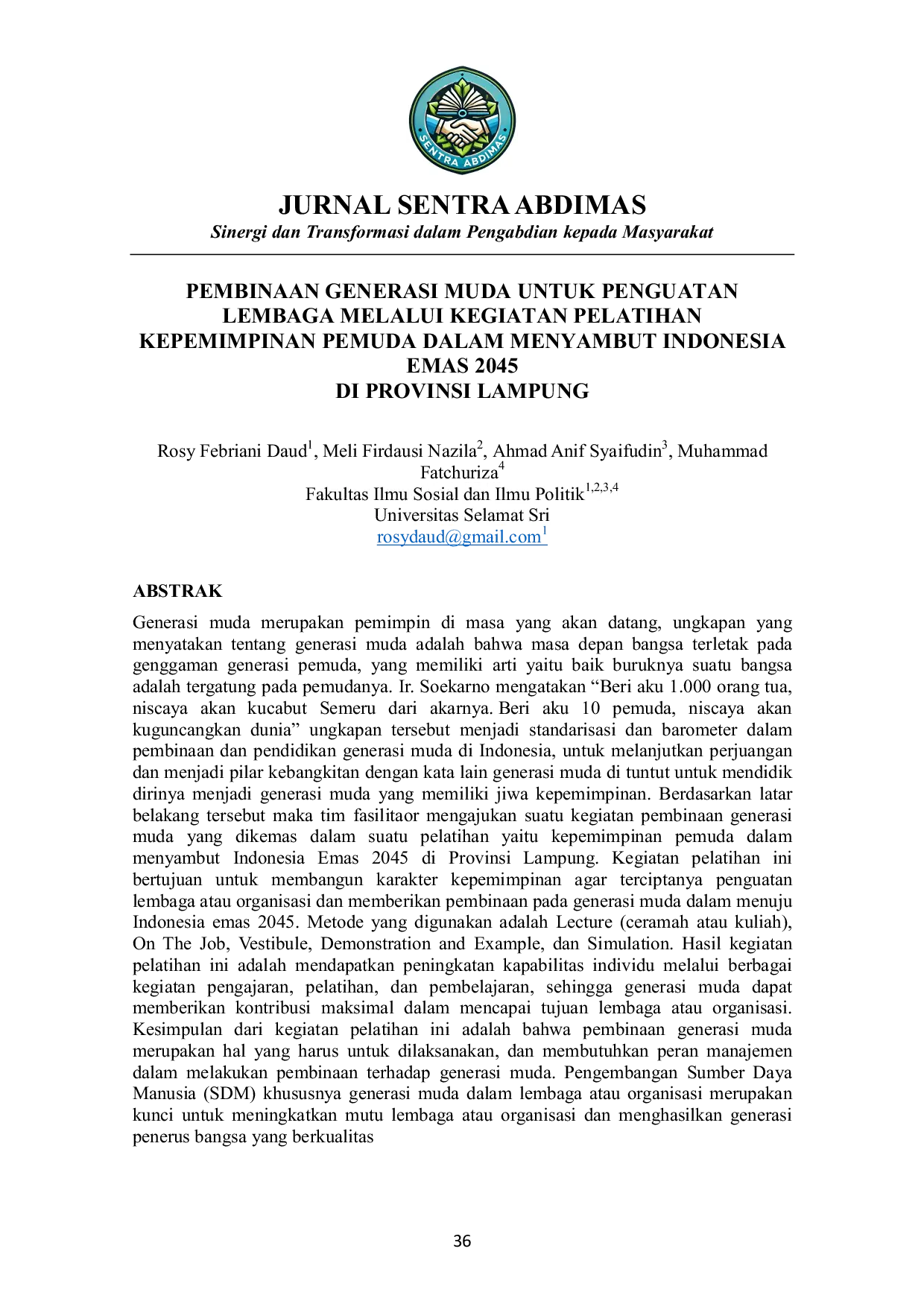 JURIS Pembinaan Generasi Muda untuk Penguatan Lembaga melalui Kegiatan Pelatihan Kepemimpinan Pemuda dalam Menyambut Indonesia Emas 2045 di Provinsi Lampung