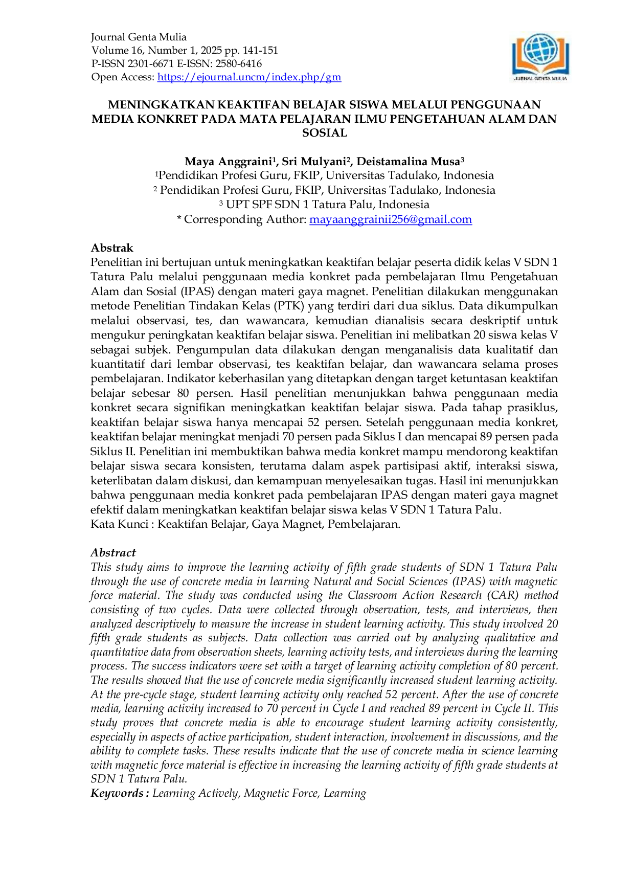 JURIS MENINGKATKAN KEAKTIFAN BELAJAR SISWA MELALUI PENGGUNAAN MEDIA KONKRET PADA MATA PELAJARAN ILMU PENGETAHUAN ALAM DAN SOSIAL