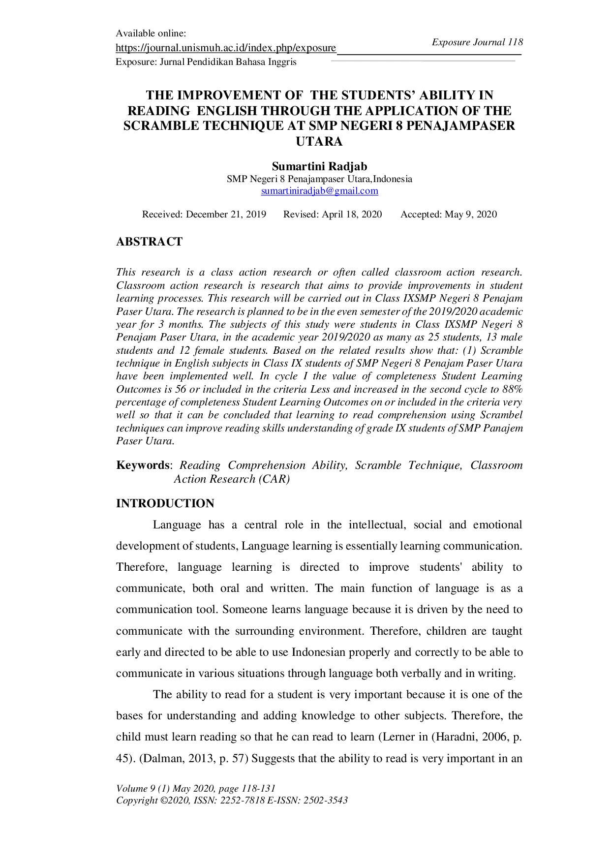 JURIS The Improvement of the Students Ability in Reading English Through the Application of the Scramble Technique