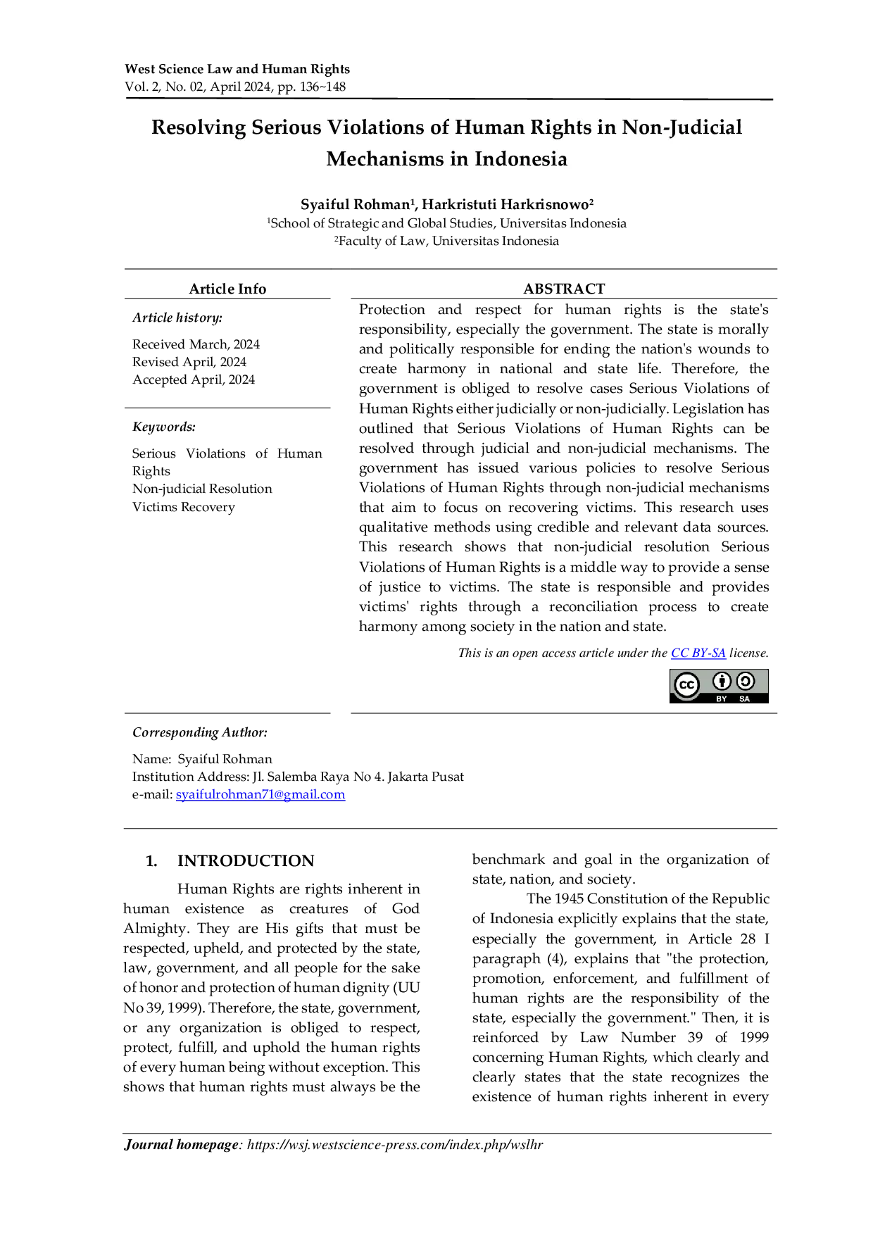 JURIS Resolving Serious Violations of Human Rights in Non Judicial Mechanisms in Indonesia