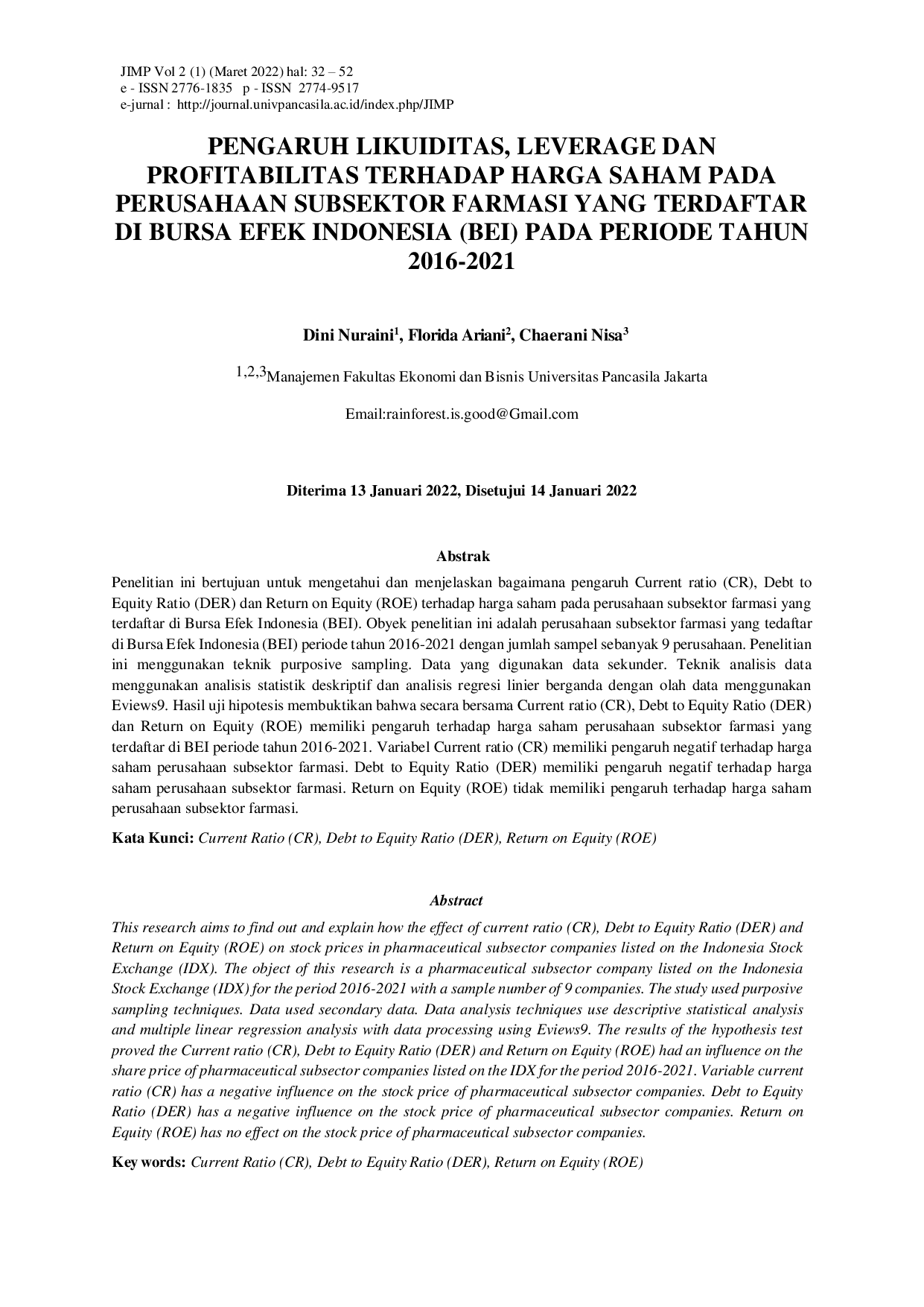 JURIS Pengaruh Likuiditas Leverage Dan Profitabilitas Terhadap Harga Saham Pada Perusahaan Subsektor Farmasi Yang Terdaftar Di Bursa Efek Indonesia Bei Pada Periode Tahun 2016 2021