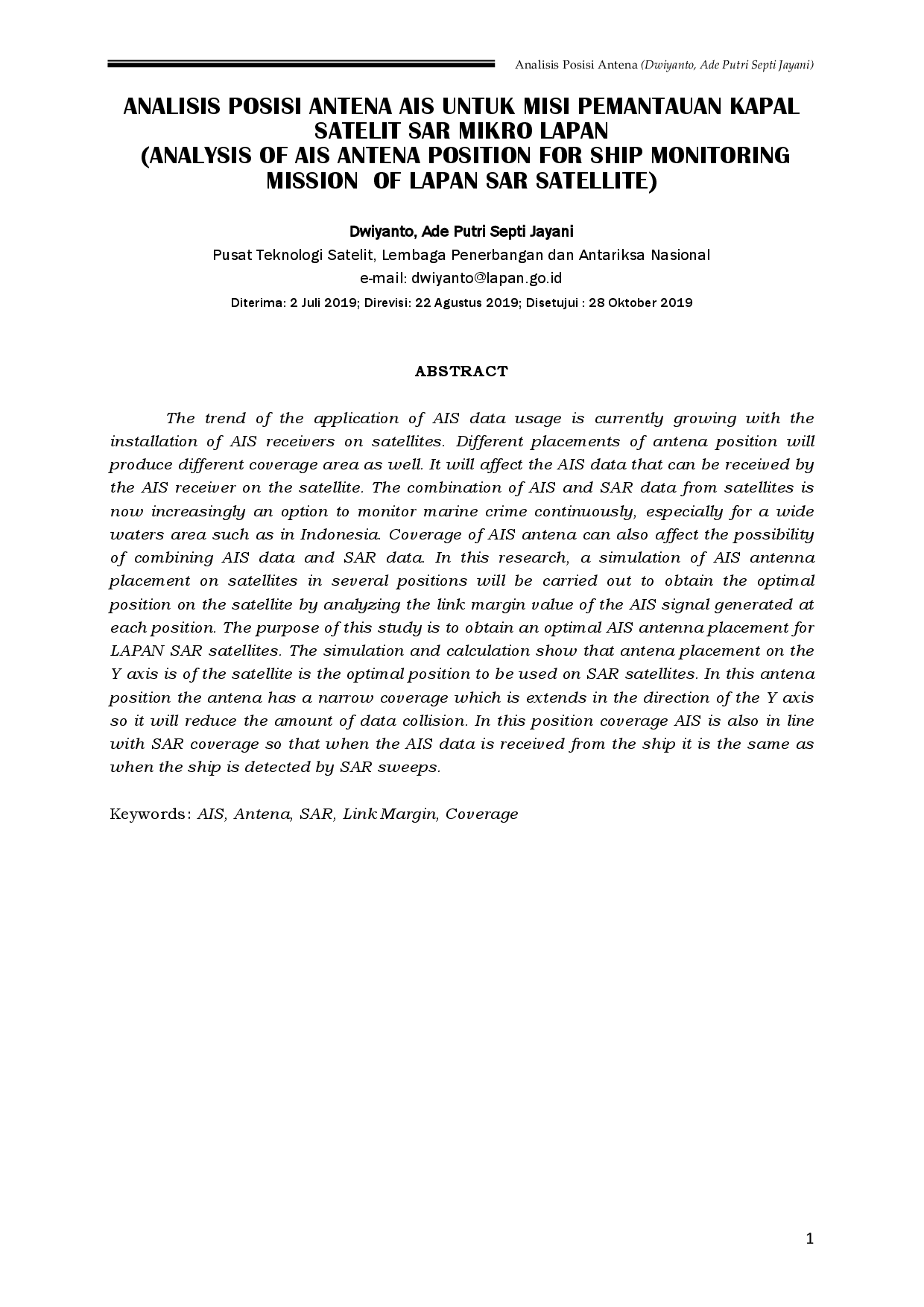 juris Analisis Posisi Antena AIS untuk Misi Pemantauan Kapal Satelit SAR Mikro LAPAN