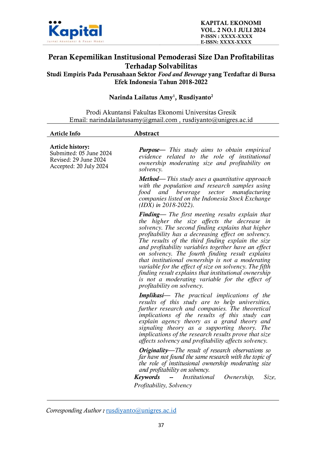 JURIS Peran Kepemilikan Institusional Pemoderasi Size Dan Profitabilitas Terhadap Solvabilitas Studi Empiris Pada Perusahaan Sektor Food And Beverage Yang Terdaftar Di Bursa Efek Indonesia Tahun 2018 2022