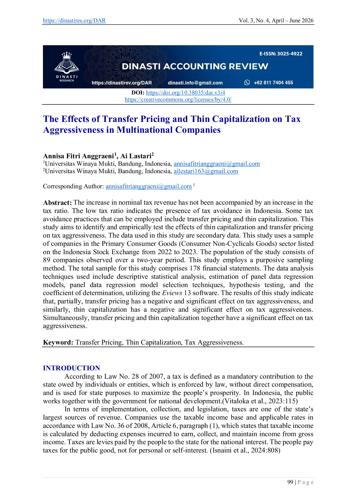 JURIS The Effects of Transfer Pricing and Thin Capitalization on Tax Aggressiveness in Multinational Companies