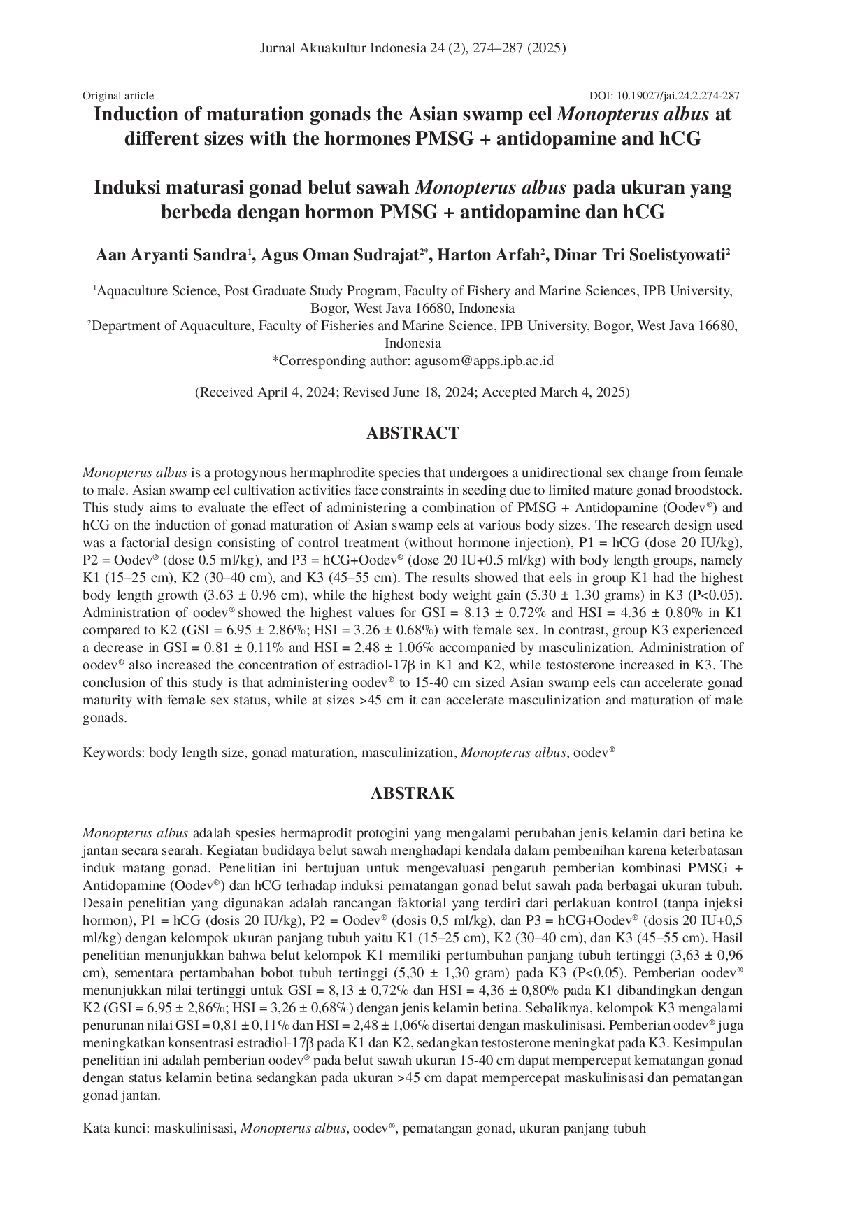 JURIS Induction of maturation gonads the Asian swamp eel Monopterus albus at different sizes with the hormones PMSG antidopamine and hCG