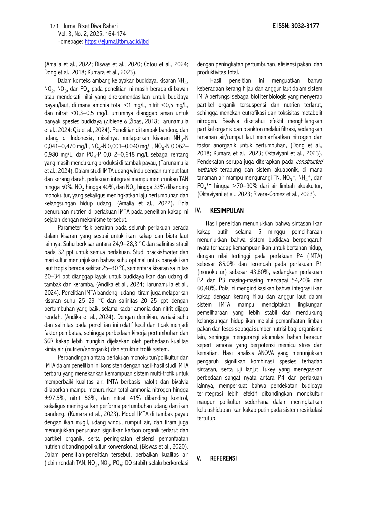 JURIS Analisis Sistem Pertumbuhan dan Sintasan Ikan Kakap Kerang Hijau dan Anggur Laut Pada Budidaya Terintegrasi Sistem Resirkulasi Terkontrol