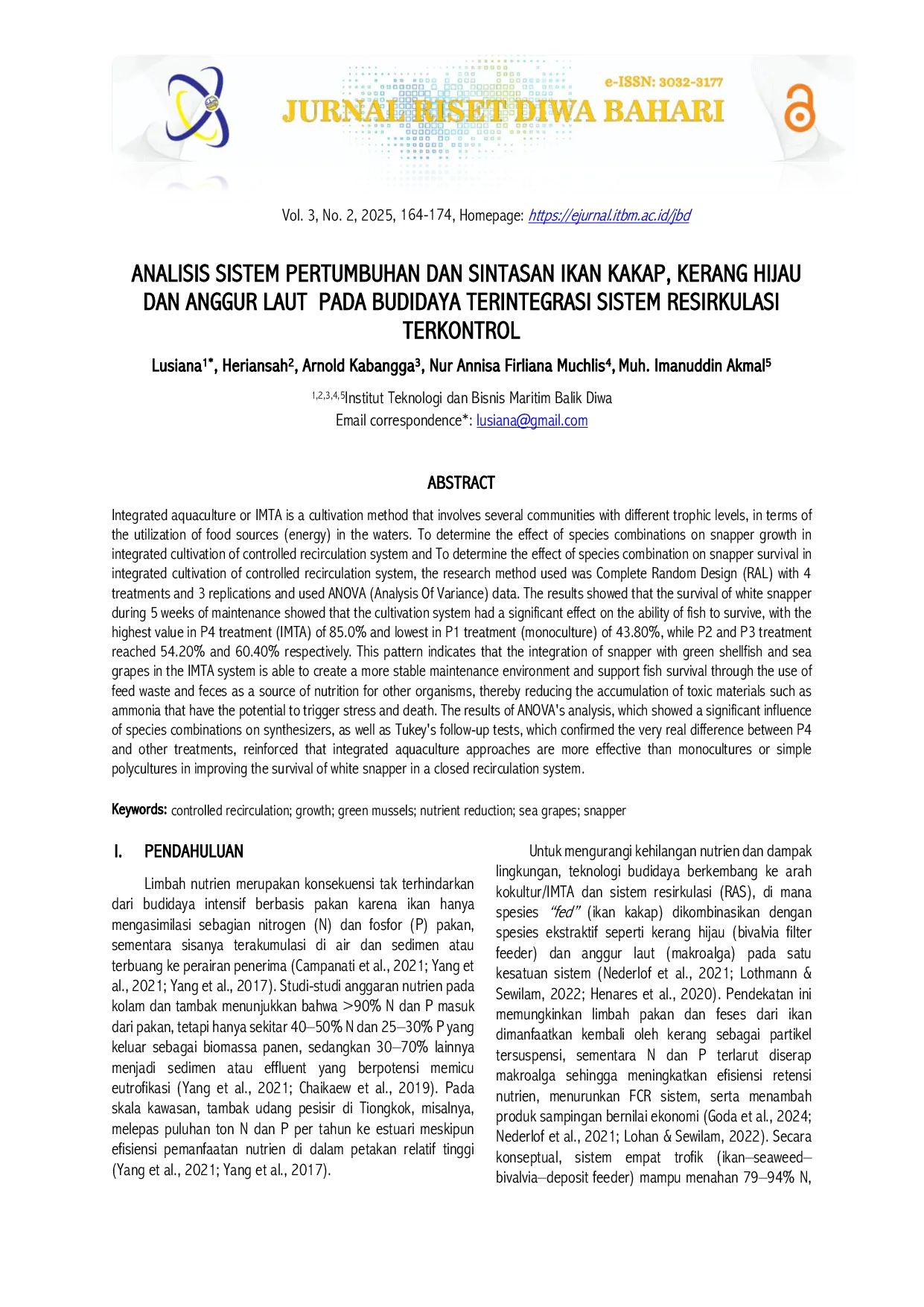JURIS Analisis Sistem Pertumbuhan dan Sintasan Ikan Kakap Kerang Hijau dan Anggur Laut Pada Budidaya Terintegrasi Sistem Resirkulasi Terkontrol