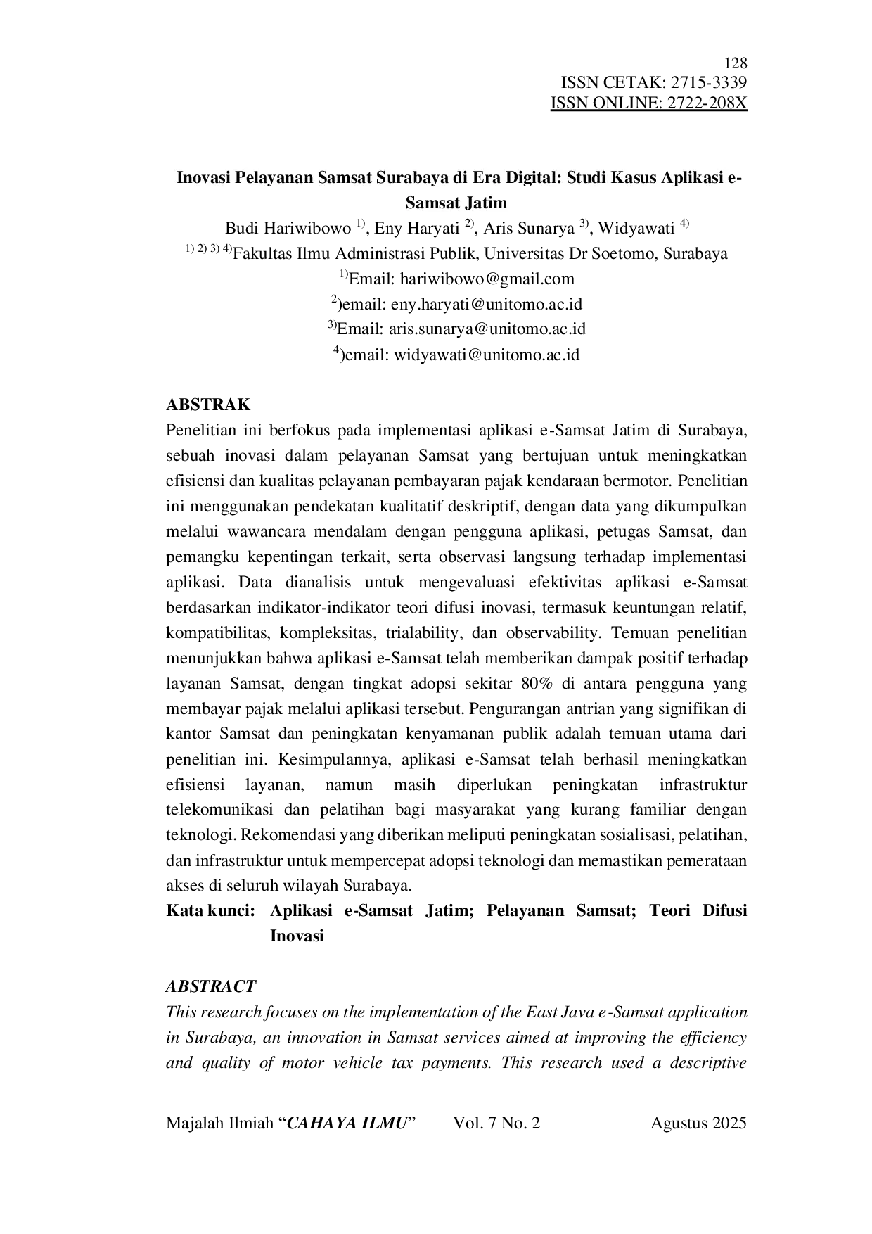JURIS Inovasi Pelayanan Samsat Surabaya di Era Digital Studi Kasus Aplikasi e Samsat Jatim
