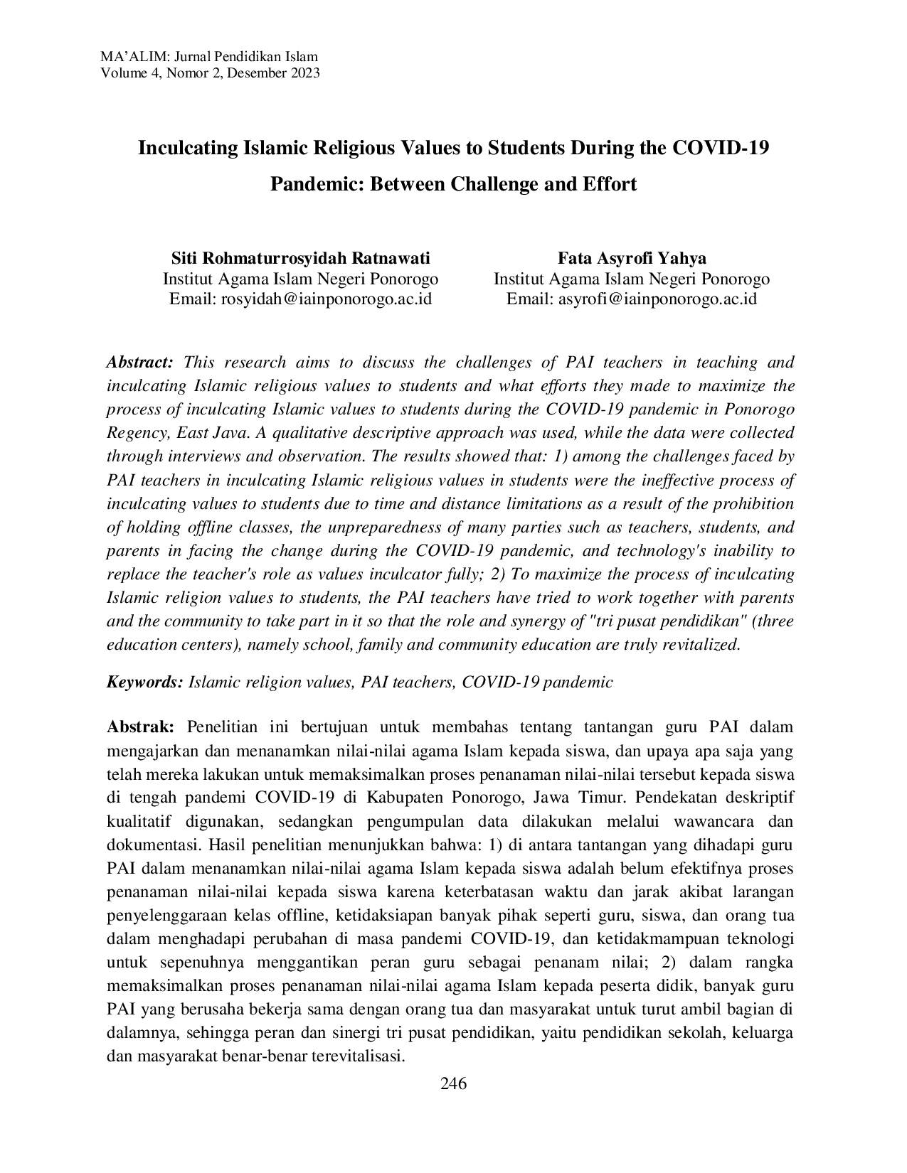 JURIS Inculcating Islamic Religious Values to Students During the COVID 19 Pandemic Between Challenge and Effort