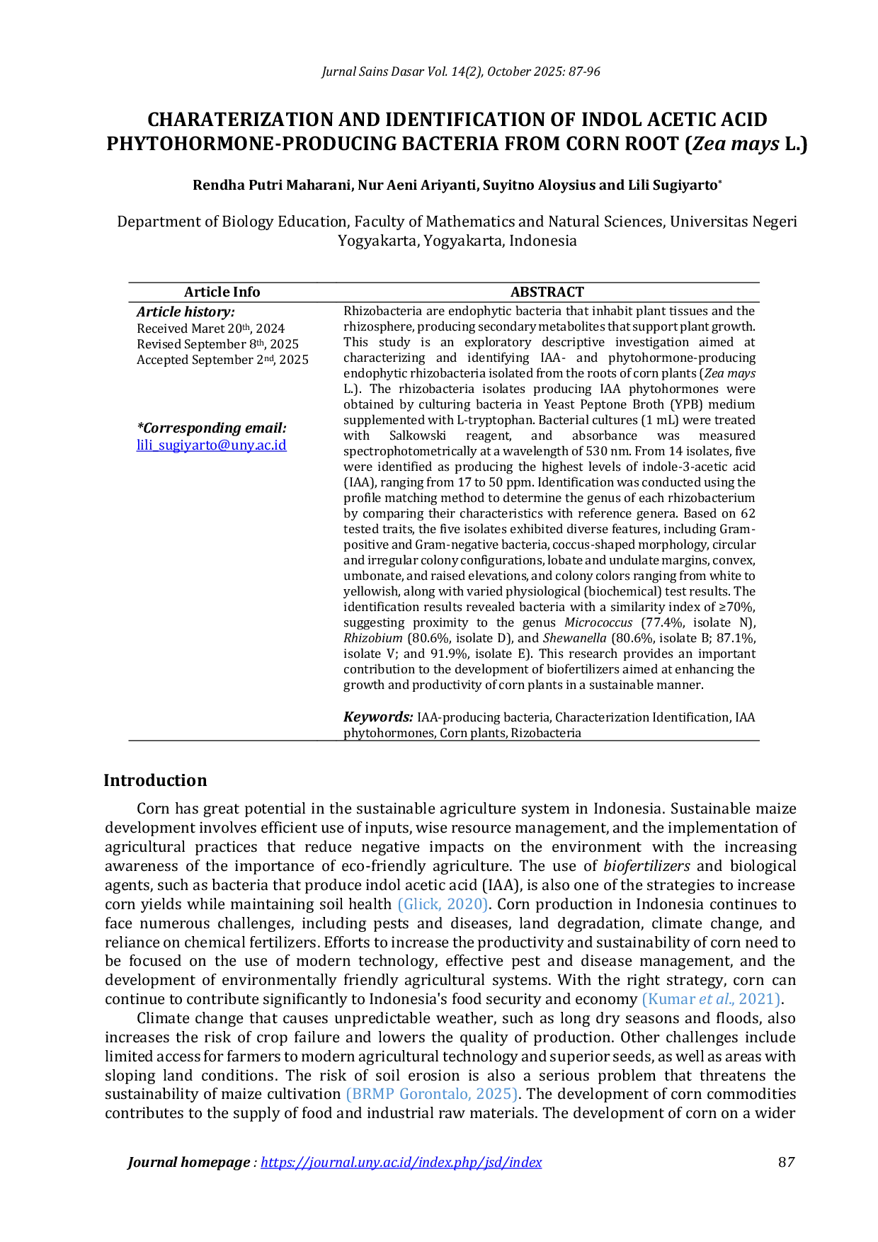 JURIS Characterization and Identification of Indol Acetic Acid Phytohormone Producing Bacteria from Corn Root Zea Mays L